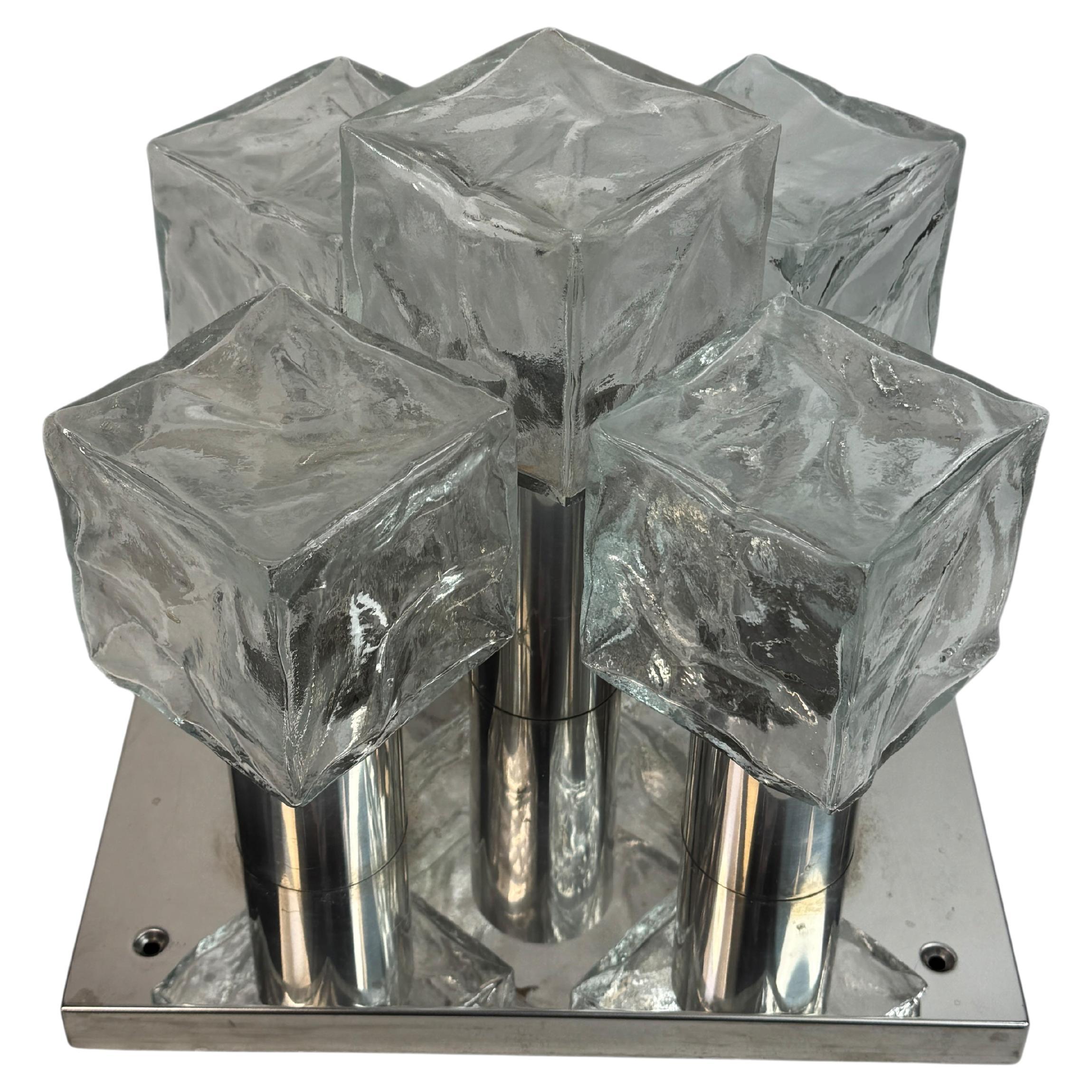 Five Light Square Ice Cube Glass and Chrome Flush Mount, Germany, 1970s For Sale