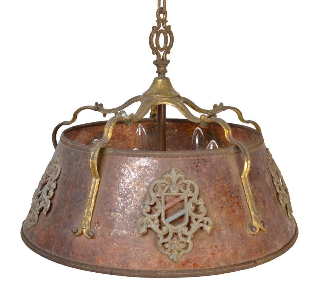 Five-Light Tudor Chandelier with Mica Shade In Good Condition In Minneapolis, MN