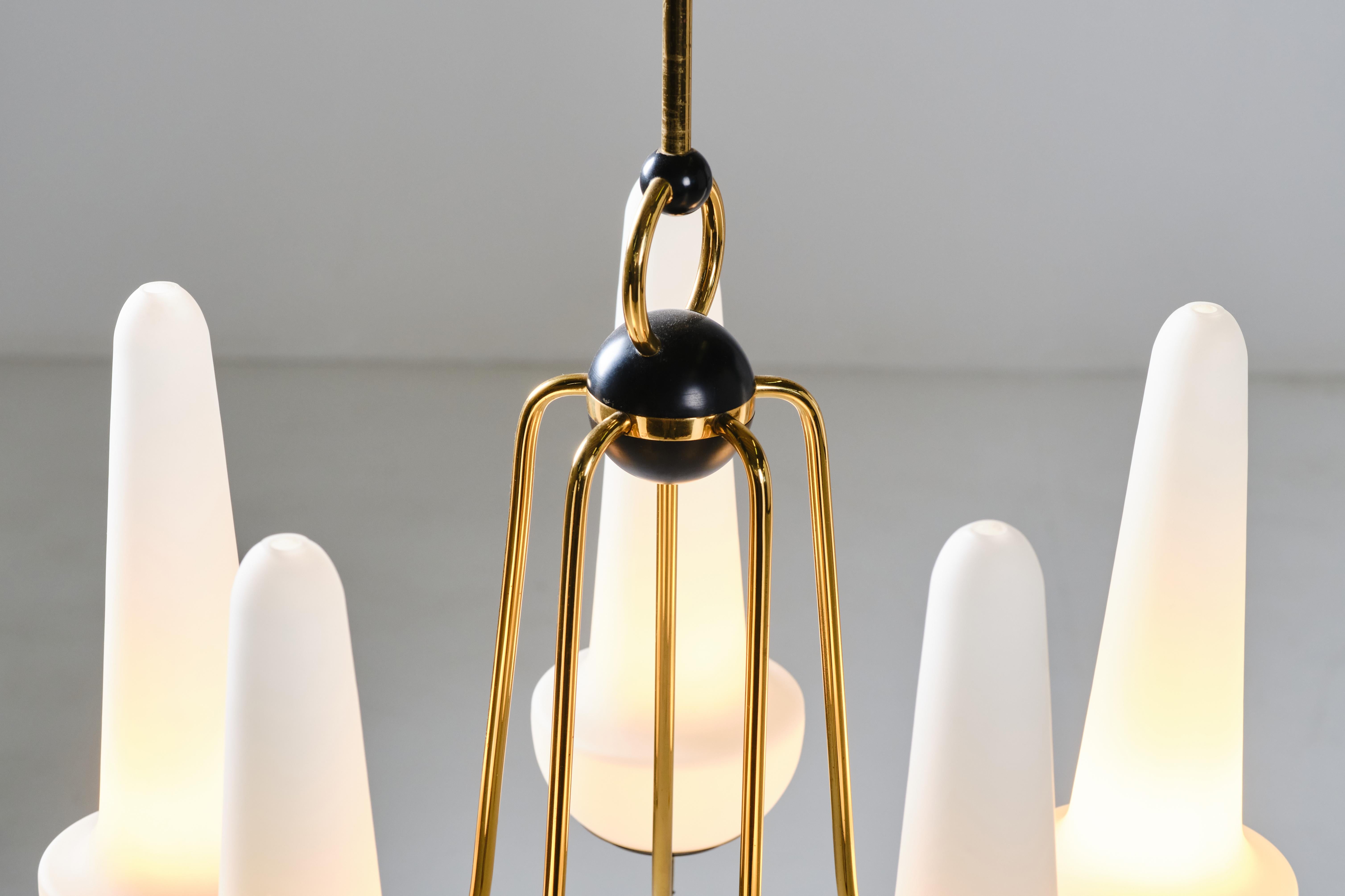 Five Lights Chandelier in Opaline Glass and Brass For Sale 4
