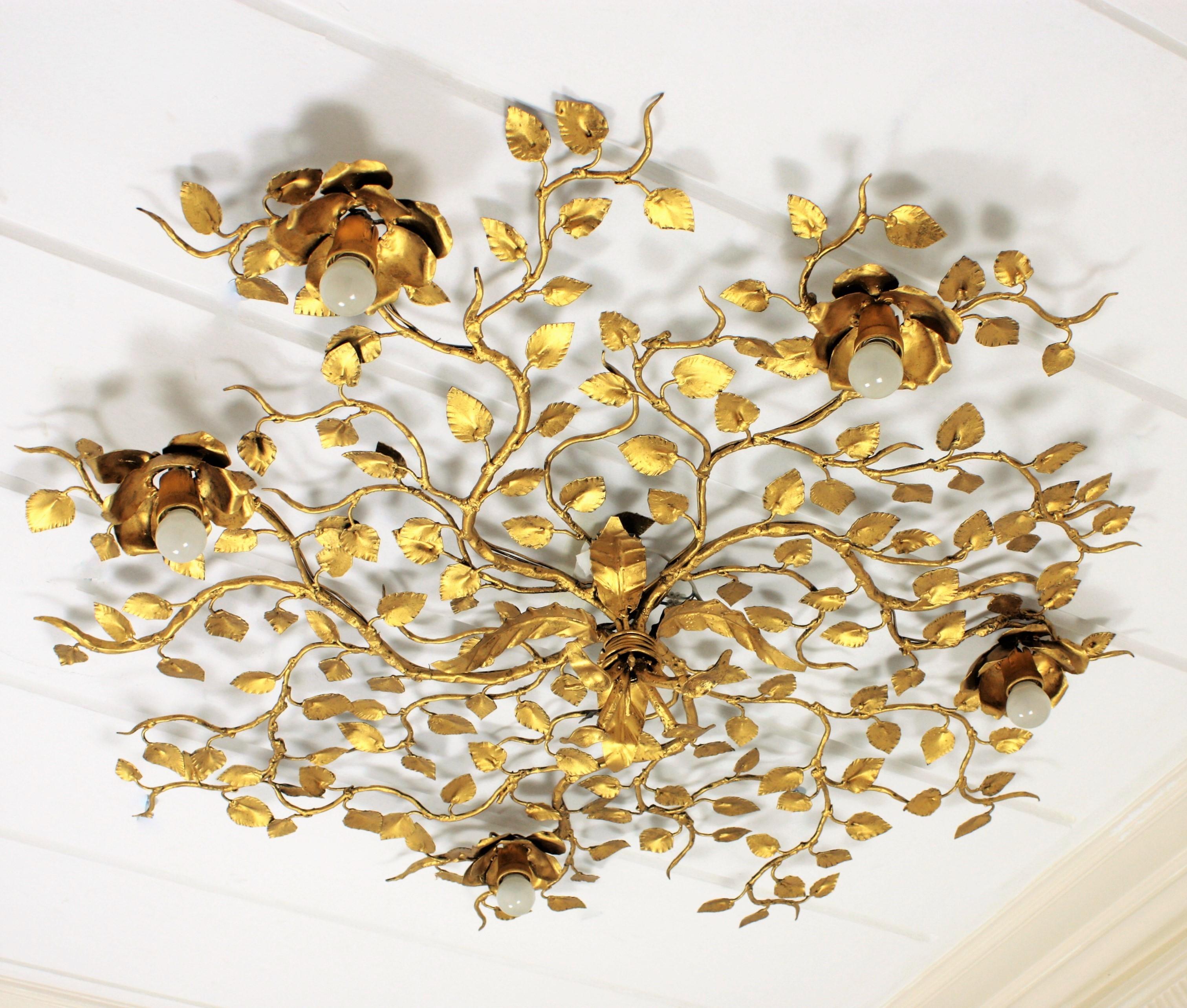 Mid-Century Modern Five Lights Gilt Iron Ornate Flower Bush Ceiling Light Fixture or Wall Light