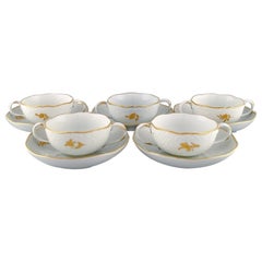 Five Meissen Bouillon Cups with Saucers in Porcelain with Flowers and Foliage