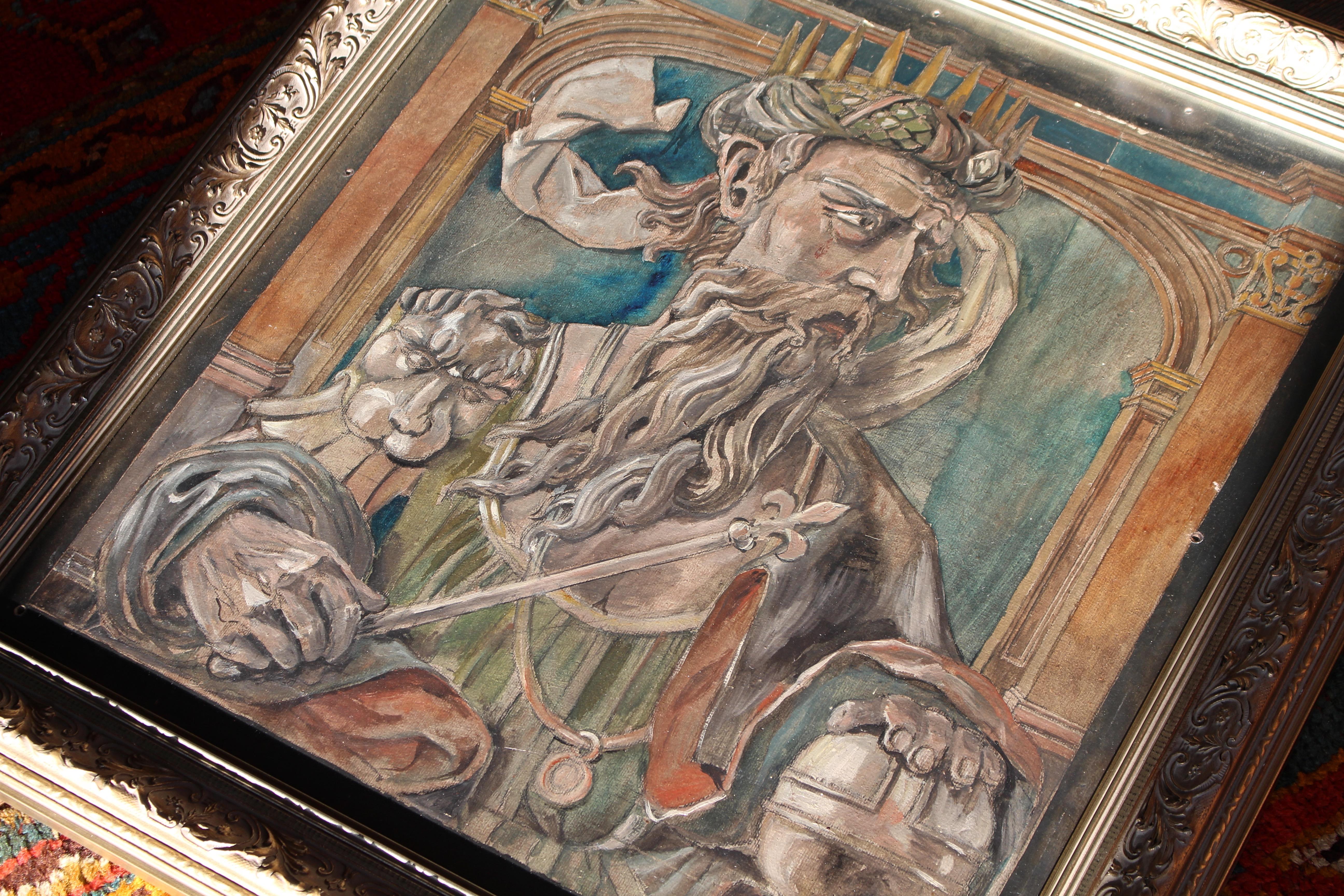 Cinco óleos sobre tabla de mediados del siglo XX de arte popular mítico Retratos de reyes en venta 8