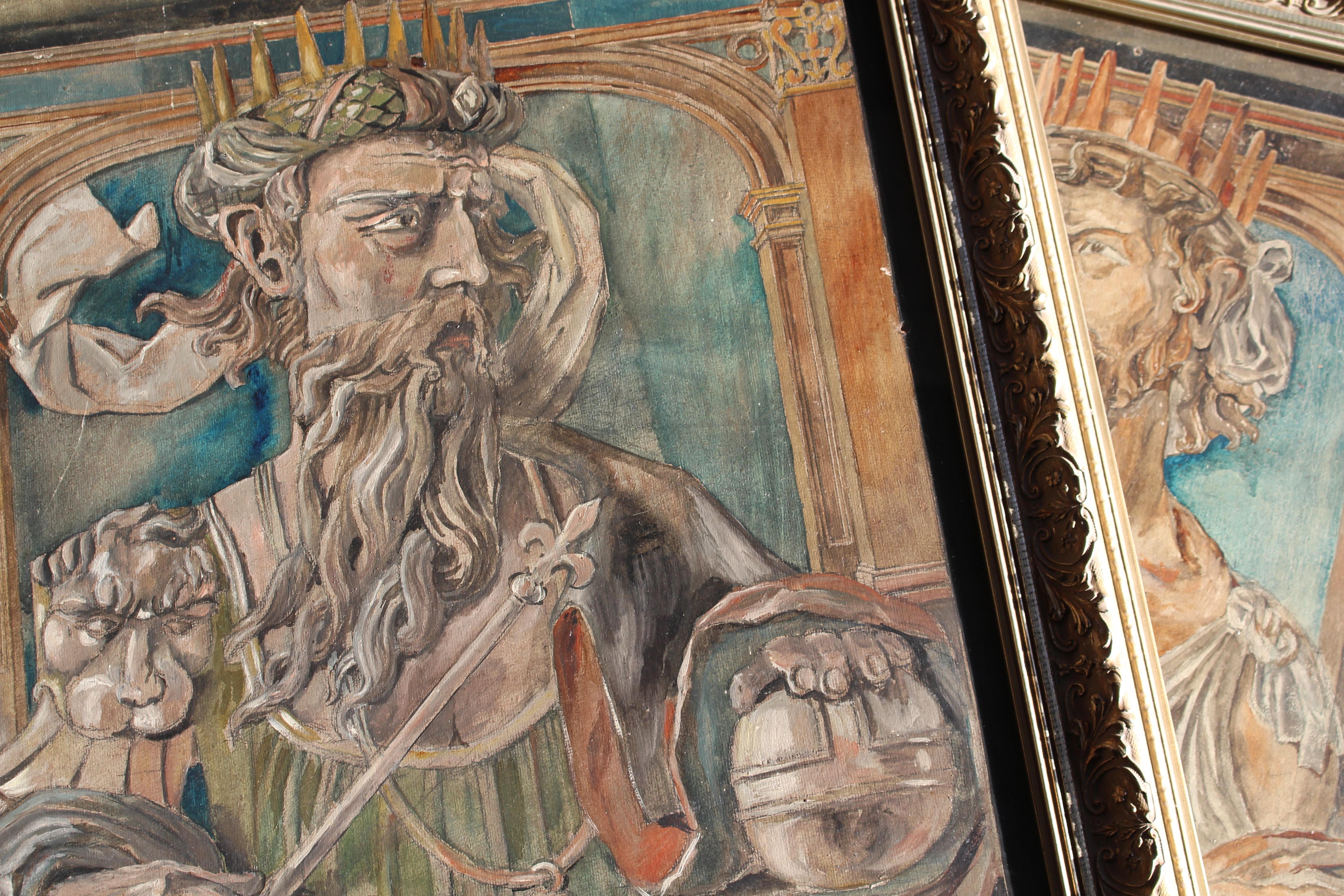 Una fabulosa colección de retratos originales de reyes míticos en un escenario clásico. Para adornar una atracción o producción, mi intuición es de feria y probablemente se usen como tableros de redondas en un carrusel o similar

Óleo sobre tabla y