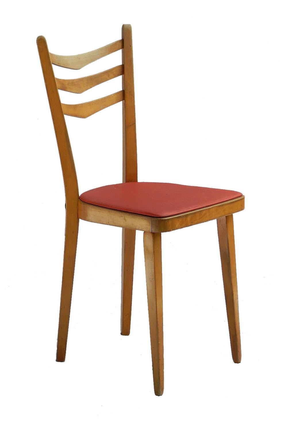 Five dining chairs vintage midcentury French, circa 1950-1960
Great shape.
Would work for a kitchen diner
Harlequin original color covers
Easily recovered to suit your interior.
In good vintage condition sound and solid with minor signs of wear