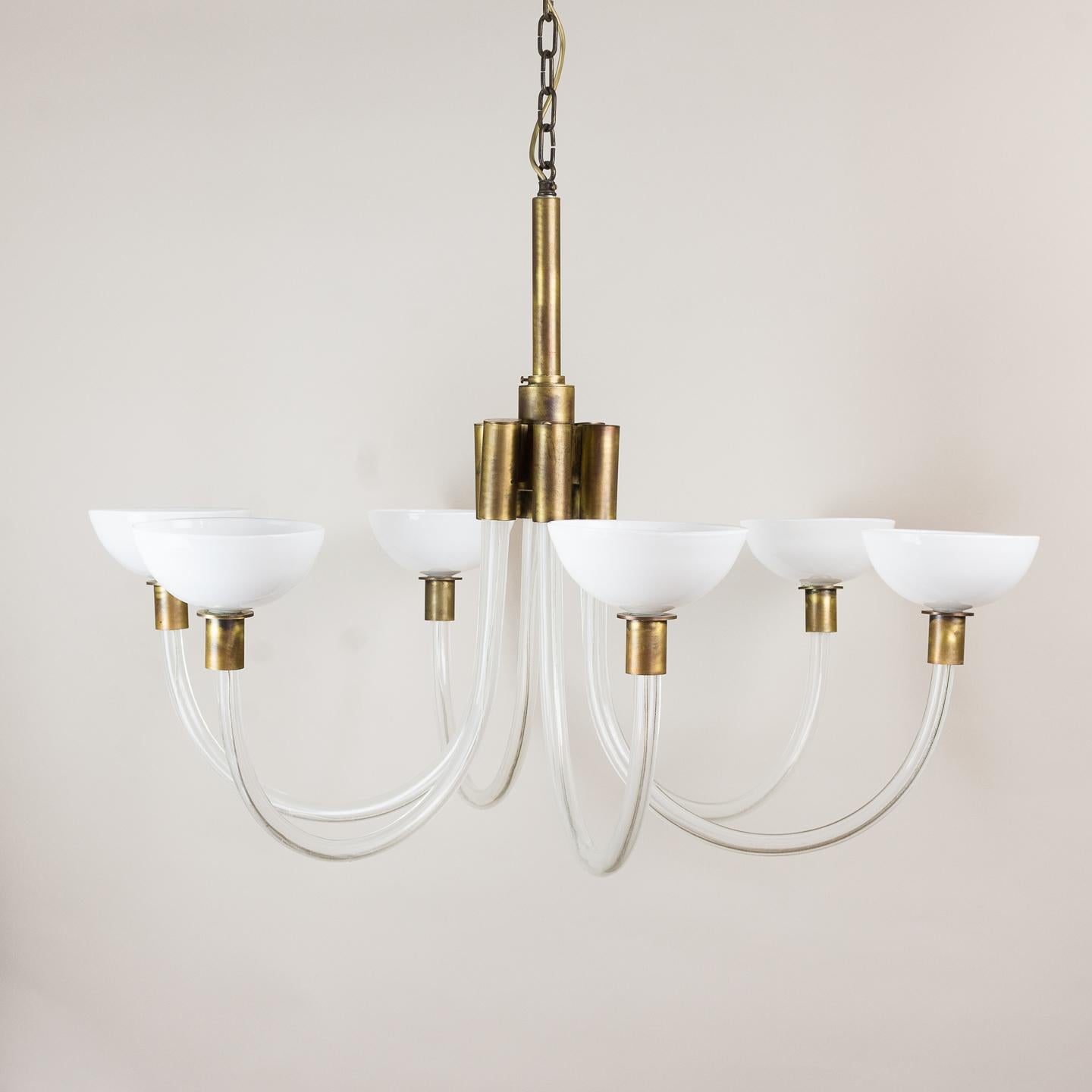 Midcentury glass and brass Italian chandelier, in the 1950s style, the six curved glass arms with brass collars and opal glass shades issuing from central brass stem. Five available, sold individually.