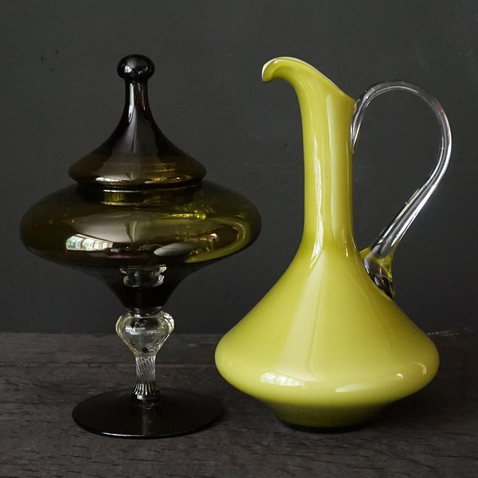 Five Mid-Century Modern Olive Green Italian Opaline Empoli Vase Bottle Candy Jar 5