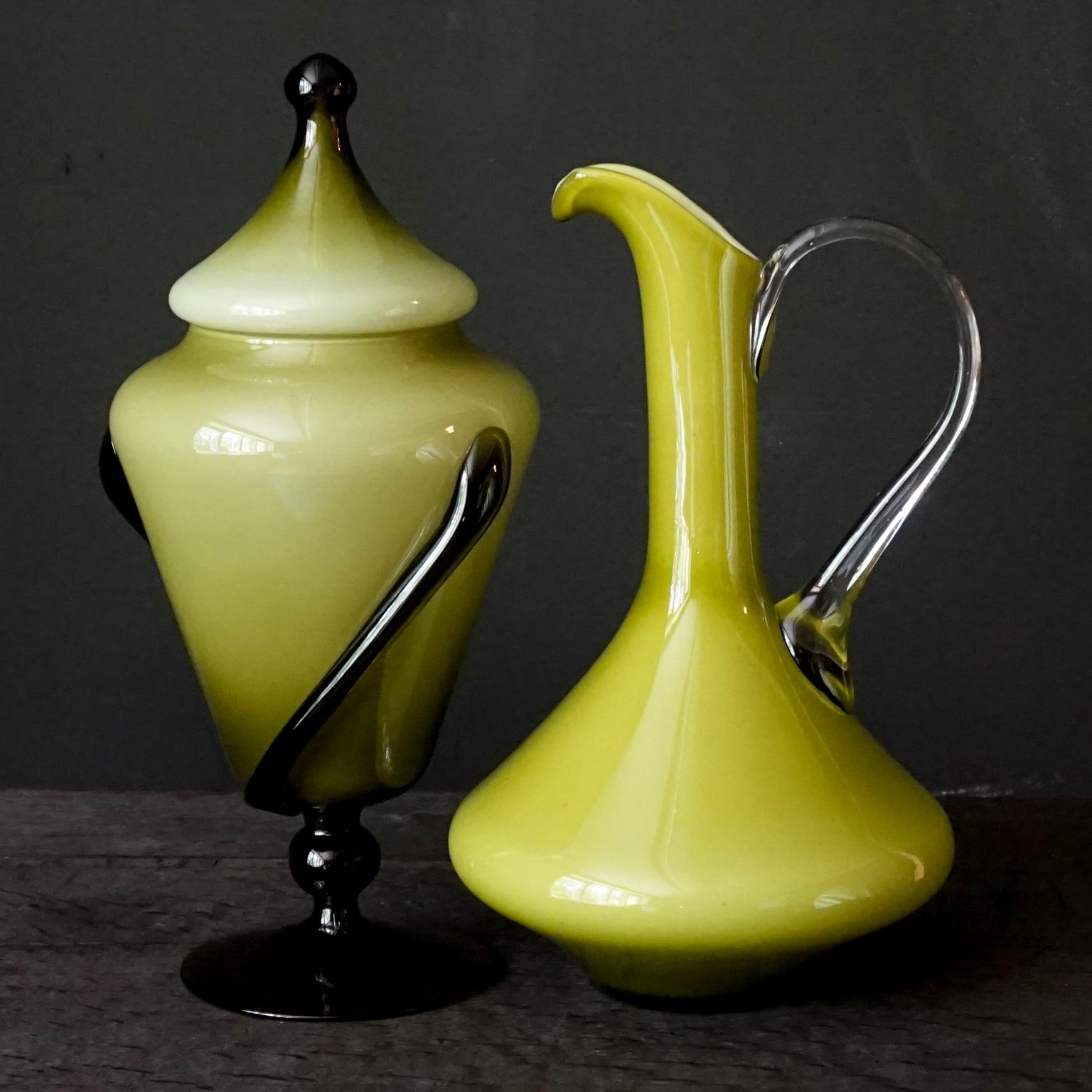 Five Mid-Century Modern Olive Green Italian Opaline Empoli Vase Bottle Candy Jar 6