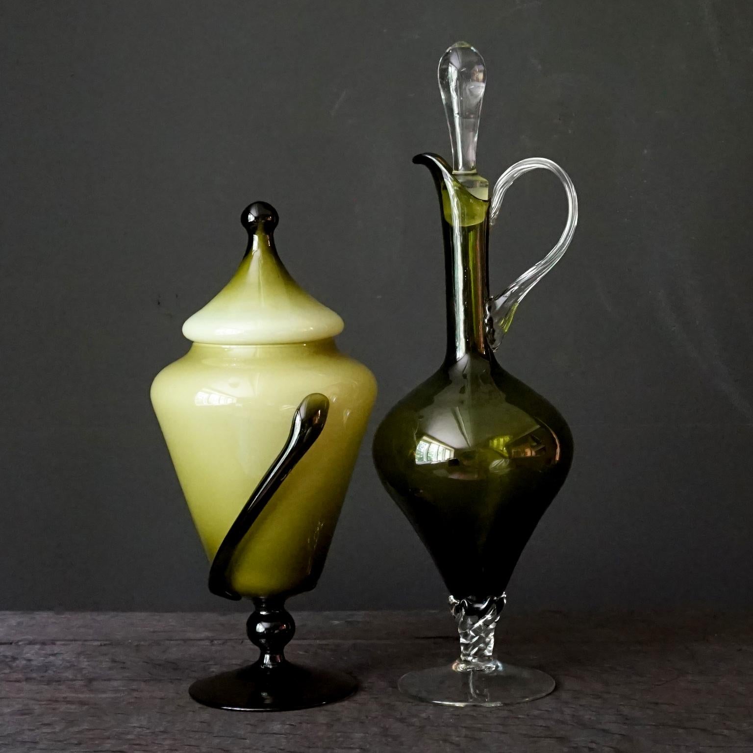 Five Mid-Century Modern Olive Green Italian Opaline Empoli Vase Bottle Candy Jar 9
