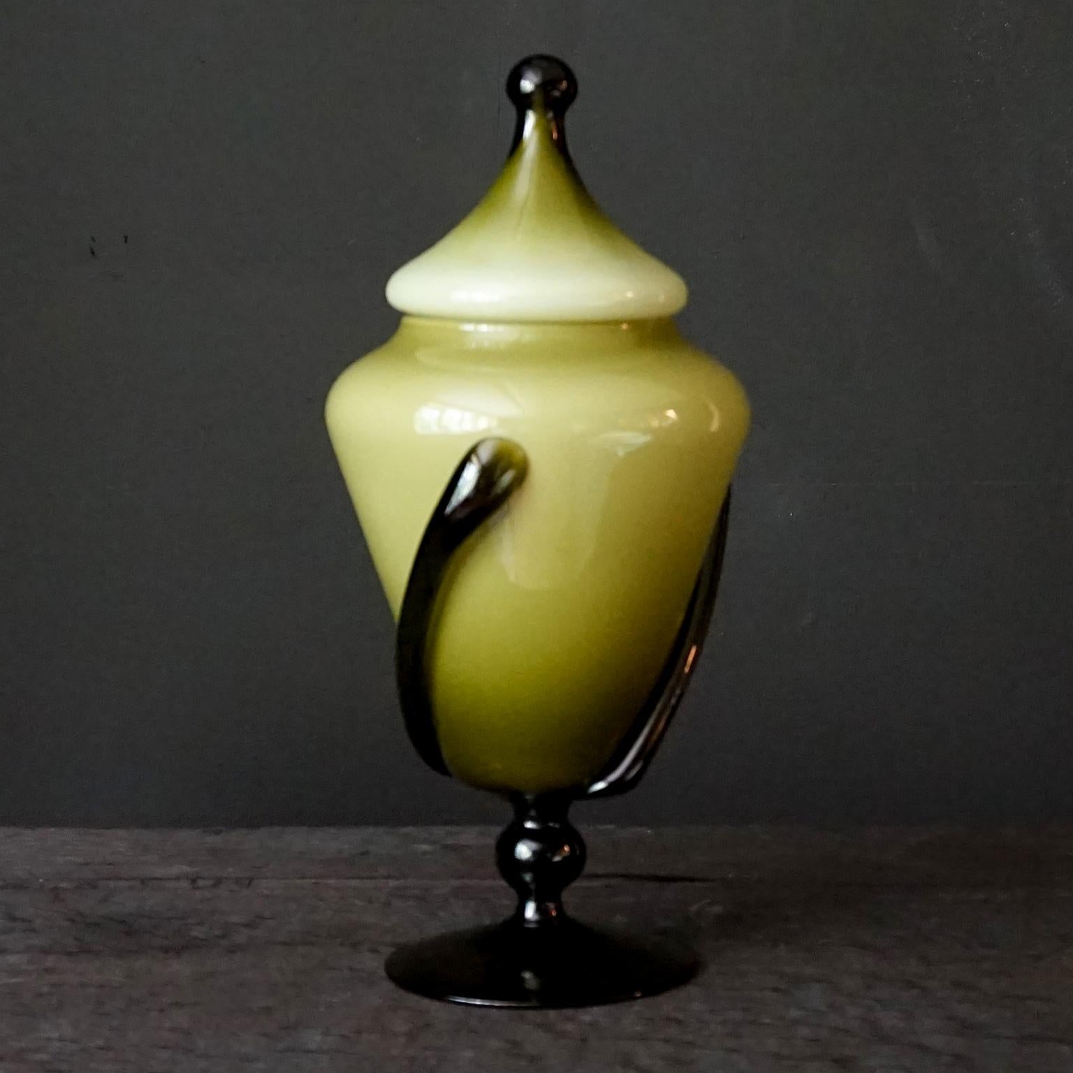 Five Mid-Century Modern Olive Green Italian Opaline Empoli Vase Bottle Candy Jar 10