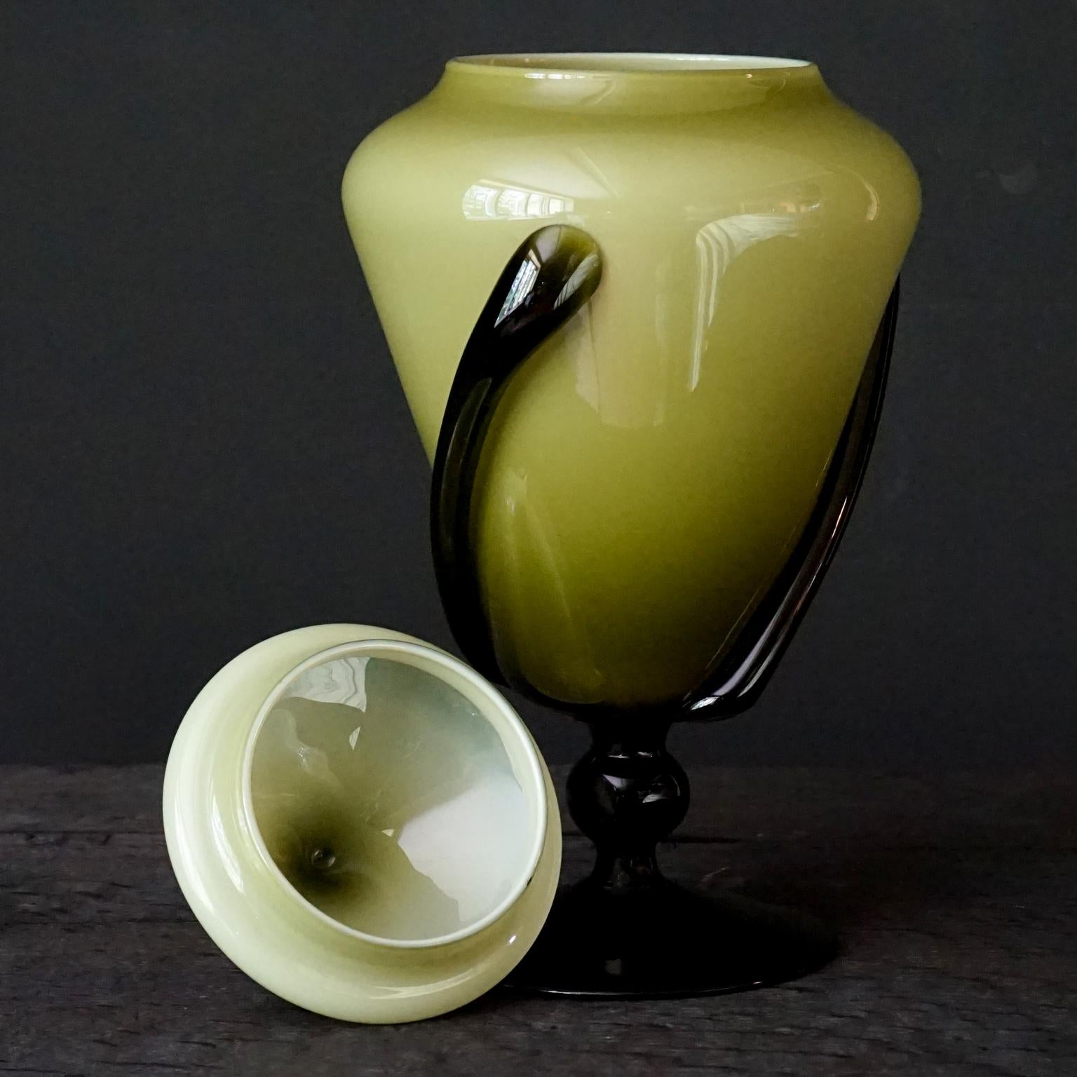 Five Mid-Century Modern Olive Green Italian Opaline Empoli Vase Bottle Candy Jar 11