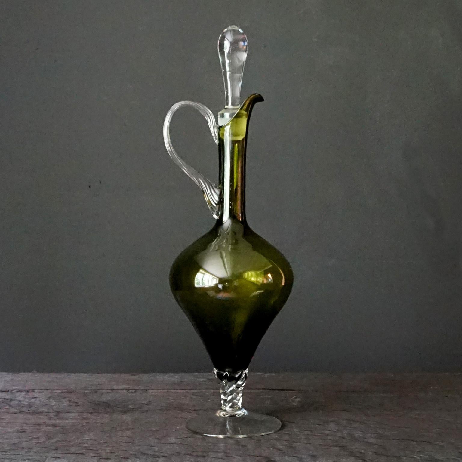 Five Mid-Century Modern Olive Green Italian Opaline Empoli Vase Bottle Candy Jar 13