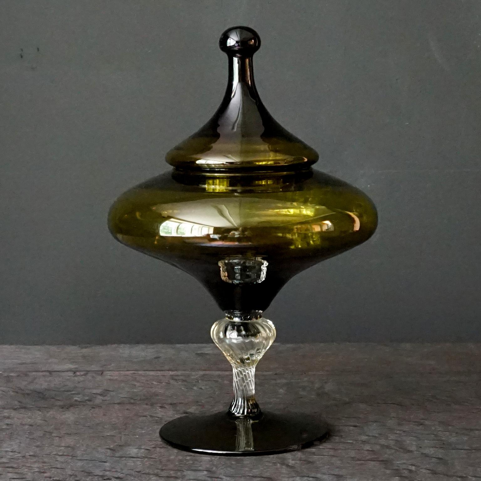 Five Mid-Century Modern Olive Green Italian Opaline Empoli Vase Bottle Candy Jar 1