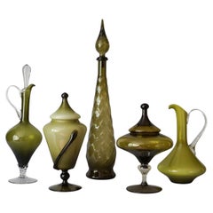 Five Mid-Century Modern Olive Green Italian Opaline Empoli Vase Bottle Candy Jar