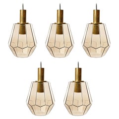 Five Mid-Century Pendant Lights by Limburg, Brass and Amber Smoked Glass, 1970s