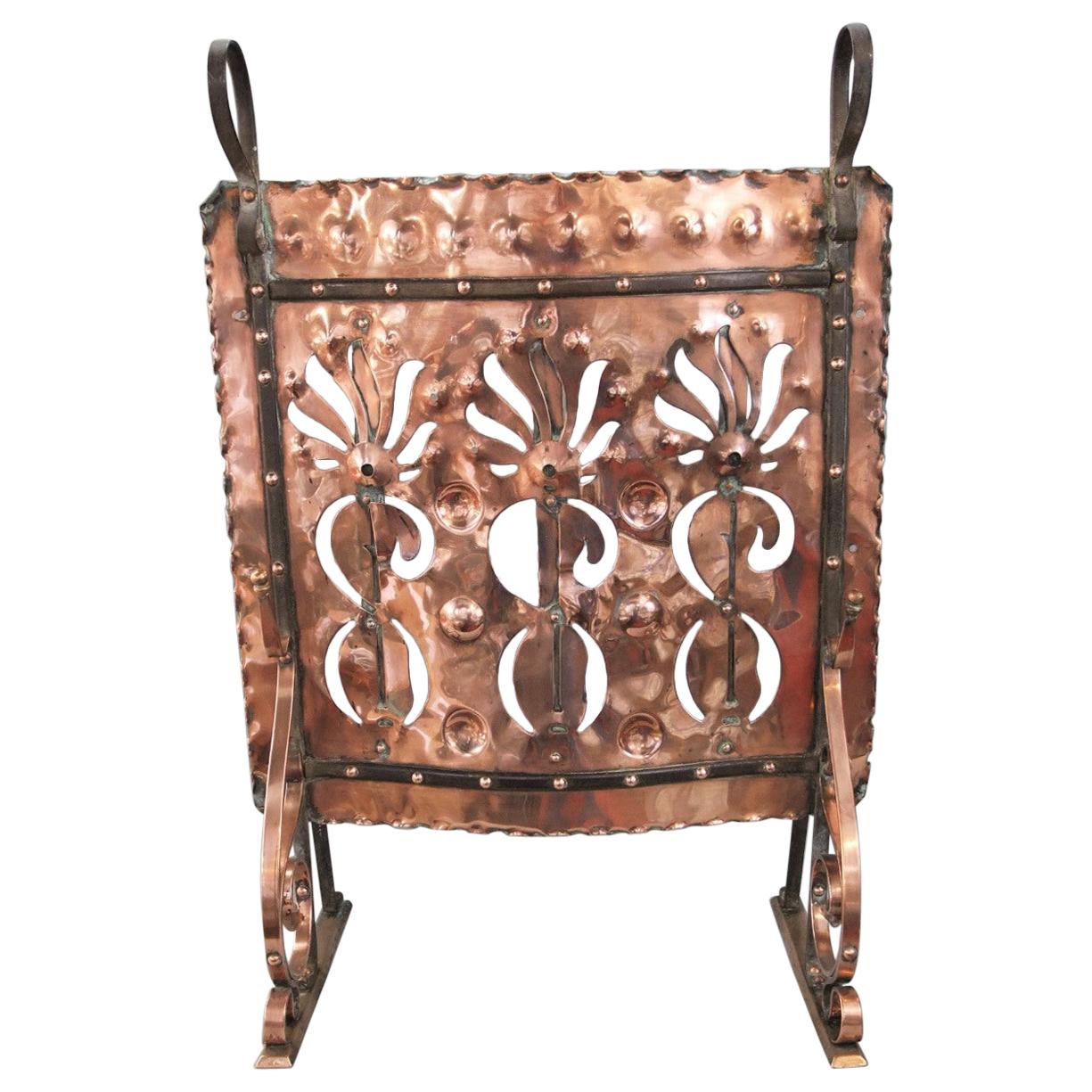 Five Mile Town by John Williams, Arts & Crafts Wrought Iron & Copper Fire Screen For Sale