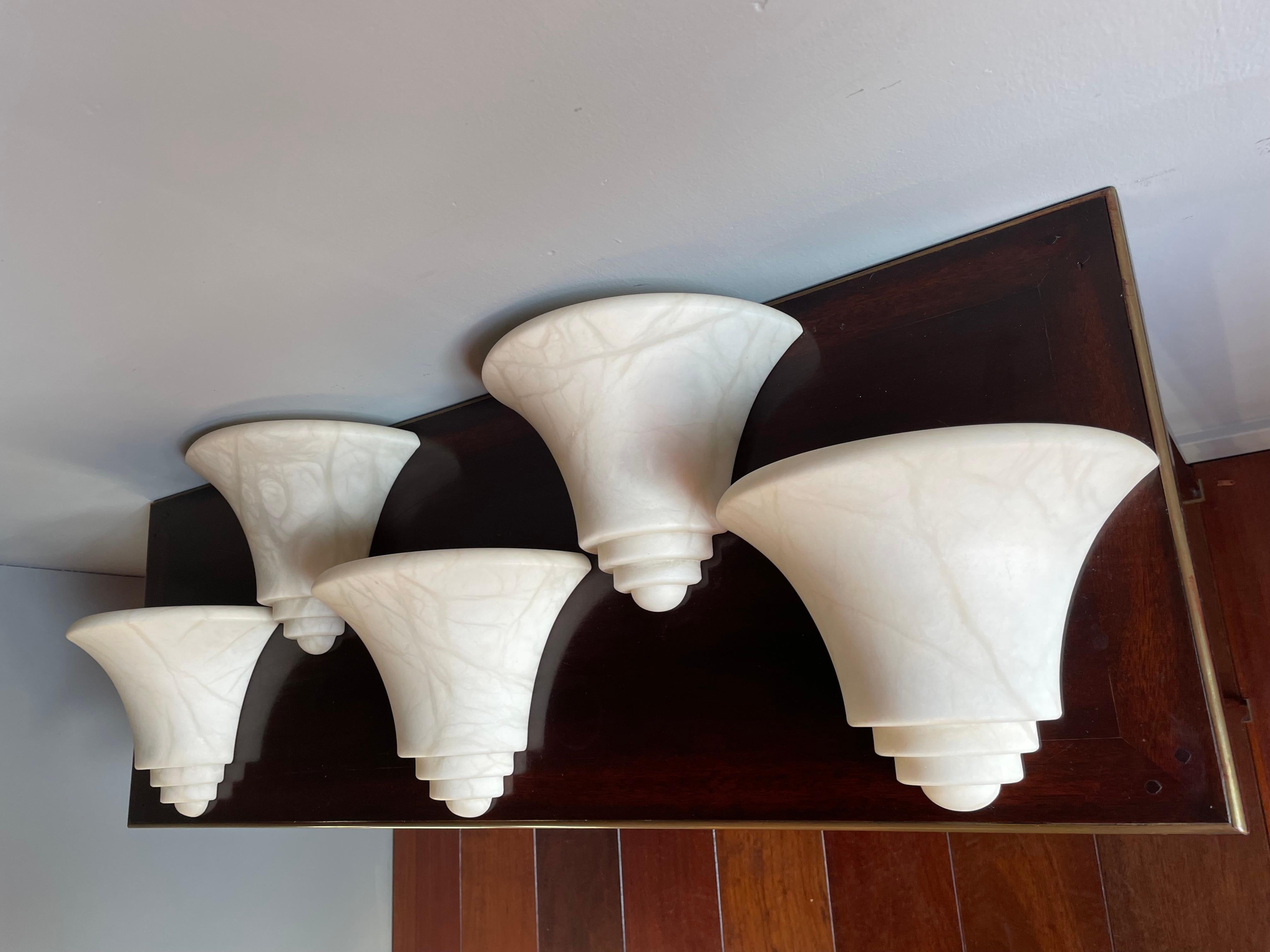 European Five Mint Condition Art Deco Style, Midcentury Made Alabaster Stone Wall Sconces For Sale
