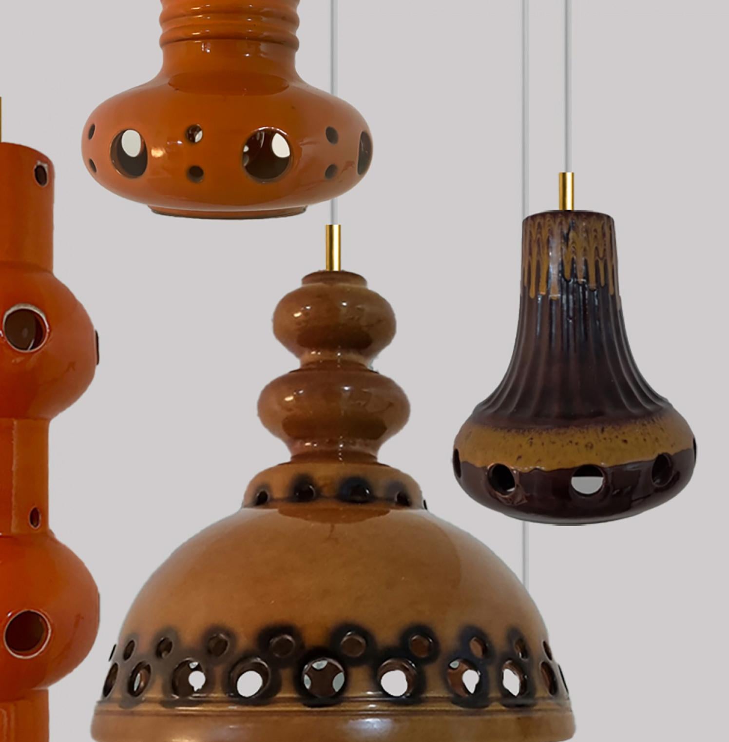 Mid-Century Modern Five Mixed Glazed Ceramic Pendant Lights, Germany, 1970s For Sale