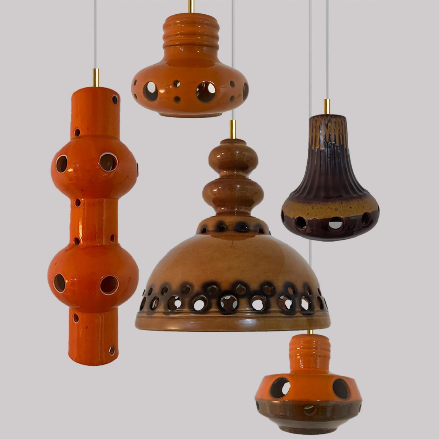 Five Mixed Glazed Ceramic Pendant Lights, Germany, 1970s For Sale 1