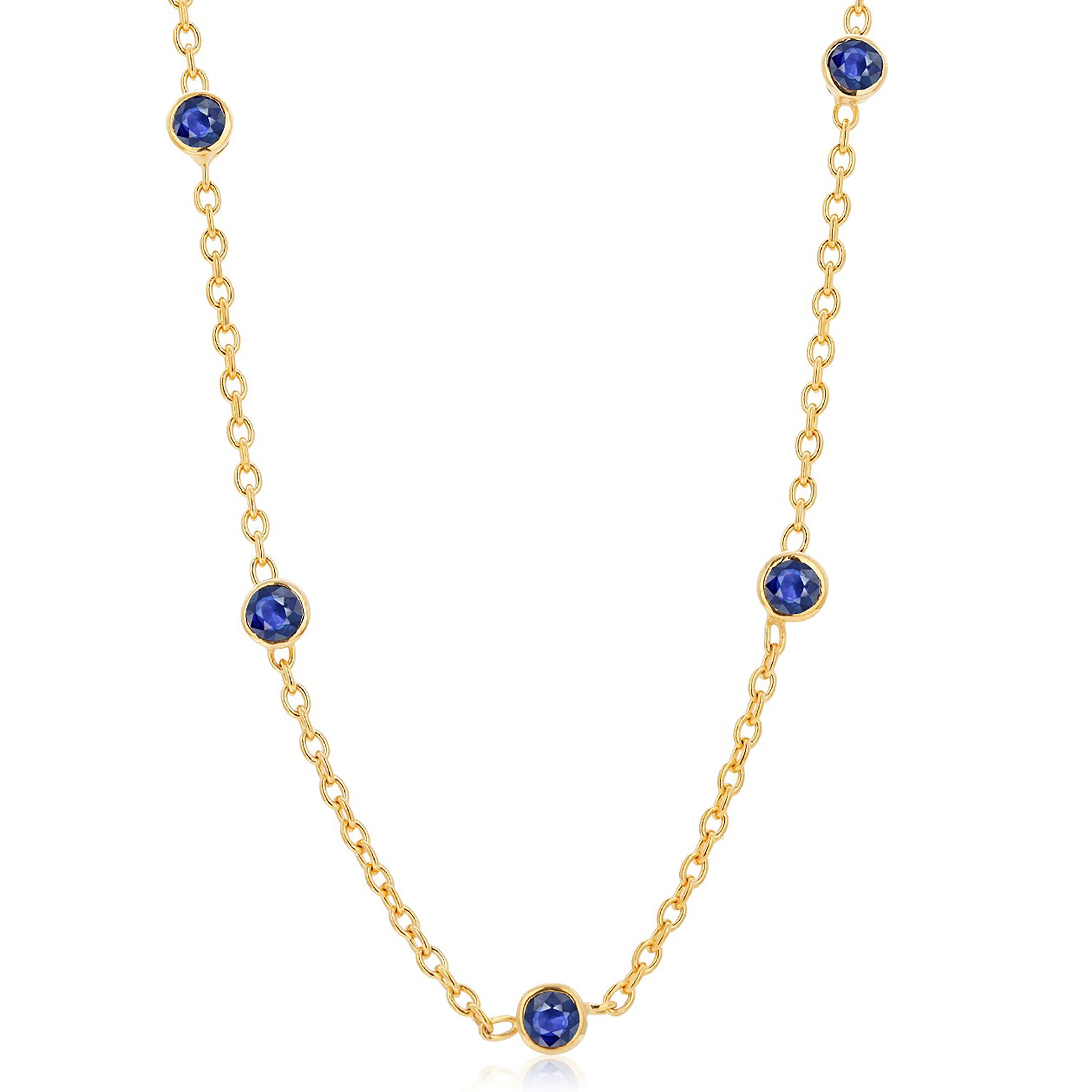 Modern Five Natural Blue Sapphire Bezel Necklace Sterling Silver Yellow Gold-Plated