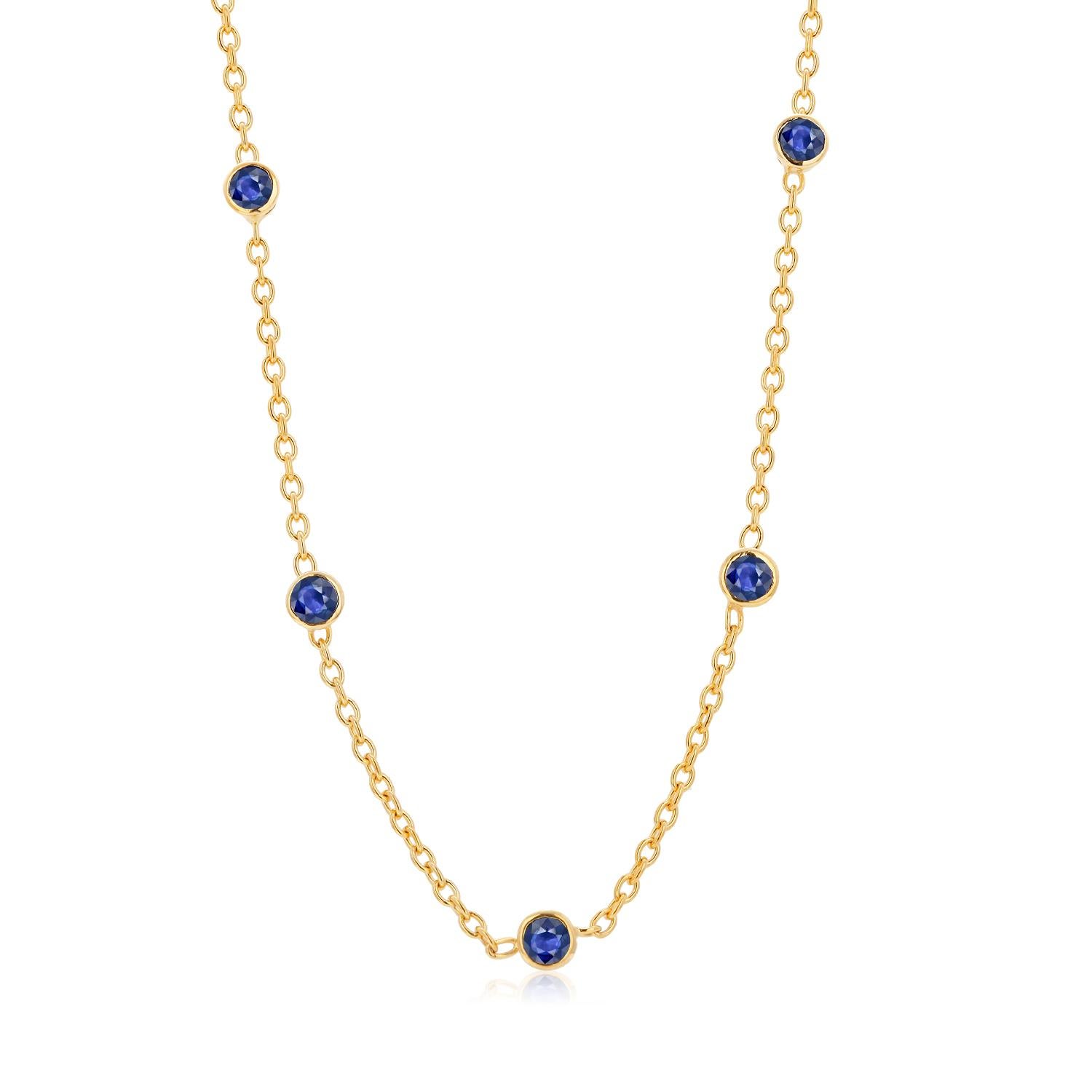 Round Cut Five Natural Blue Sapphire Bezel Necklace Sterling Silver Yellow Gold-Plated