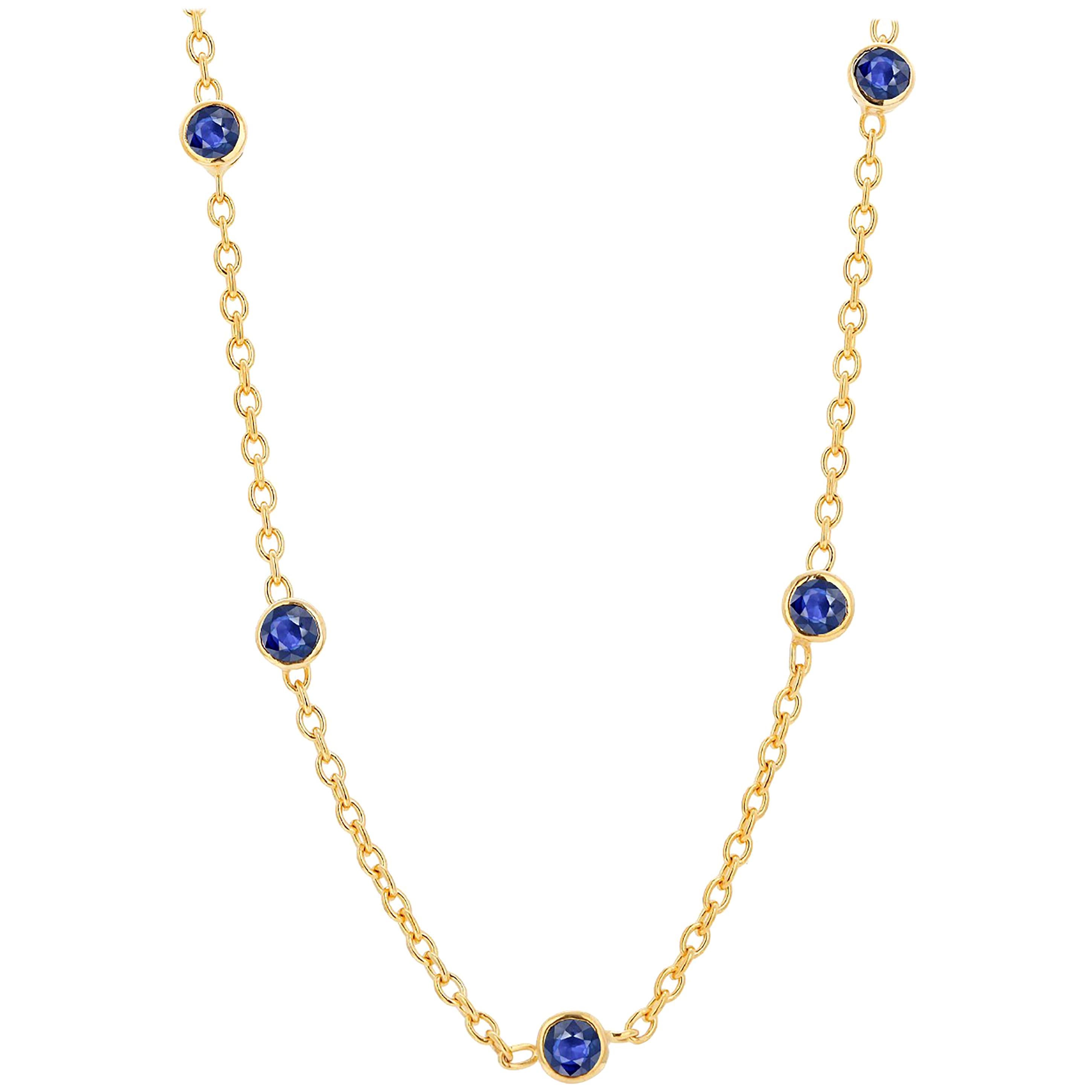 Five Natural Blue Sapphire Bezel Necklace Sterling Silver Yellow Gold-Plated