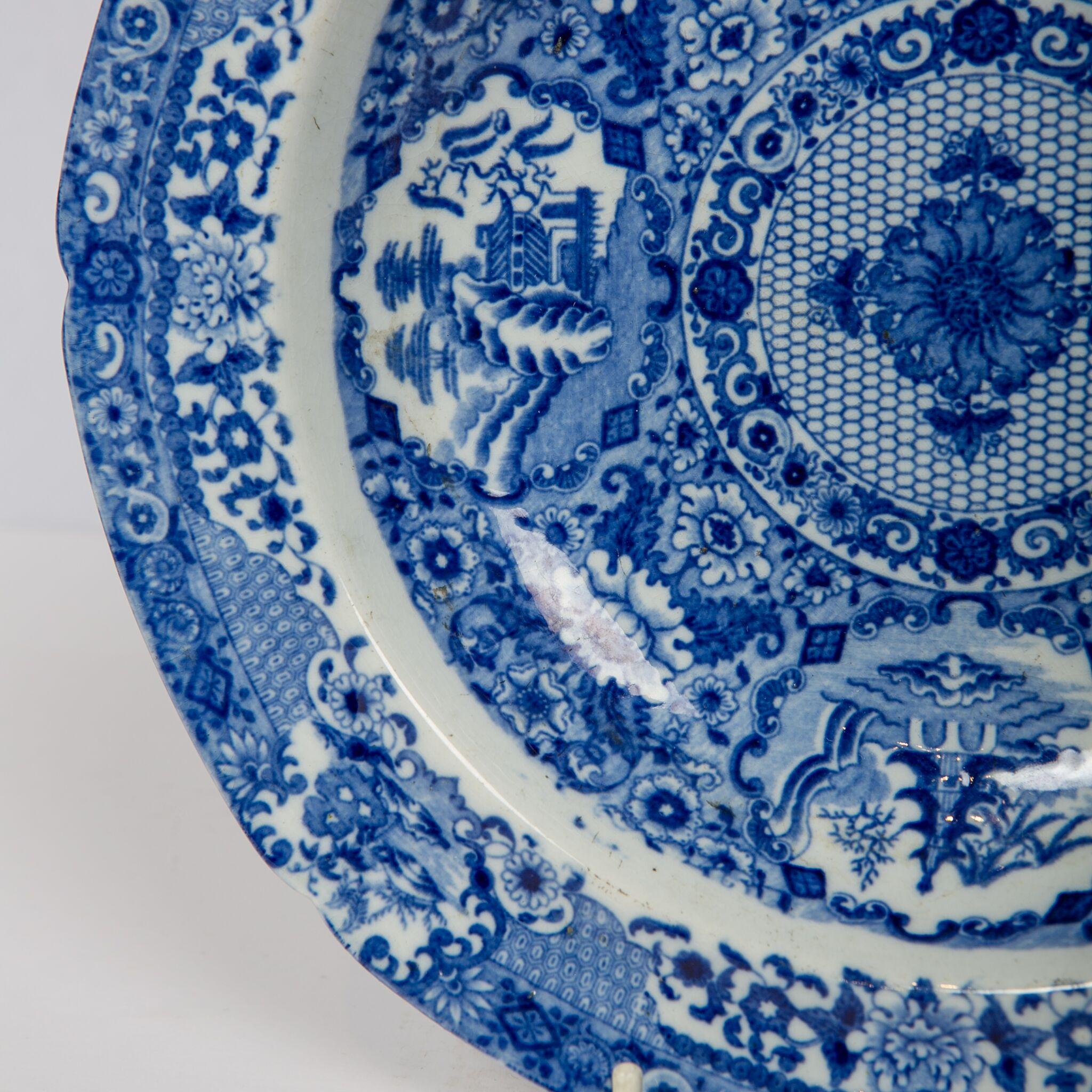 Chinoiserie Five Net Pattern Blue and White Dishes Made Staffordshire England, circa 1820