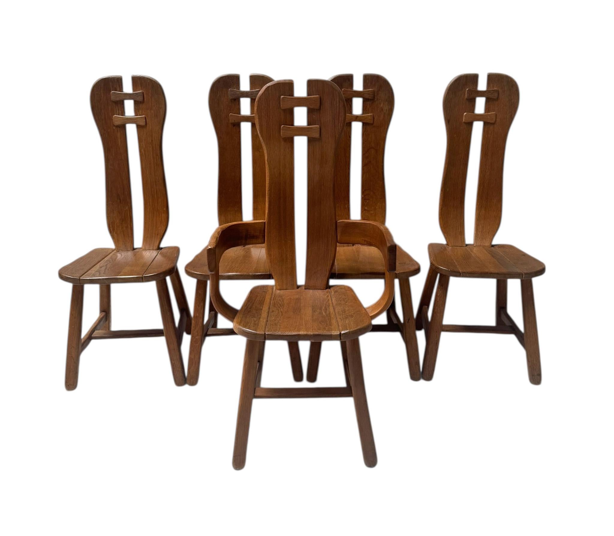 Five Oak Brutalist Dining Room Chairs by Kunstmeubelen De Puydt Belgium, 1970s For Sale 6