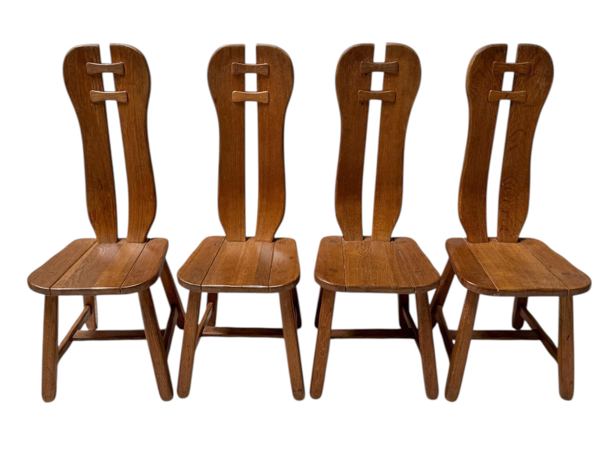 Belgian Five Oak Brutalist Dining Room Chairs by Kunstmeubelen De Puydt Belgium, 1970s For Sale