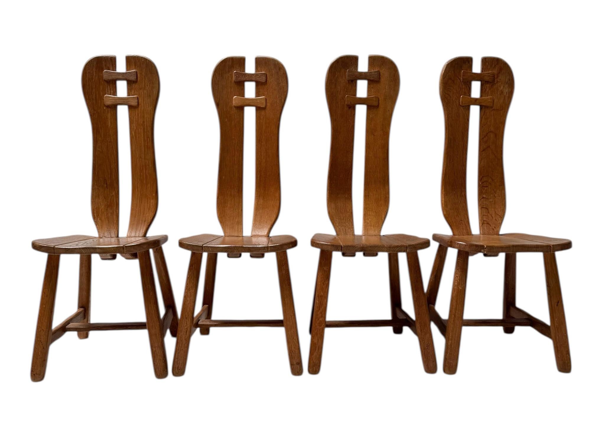 Five Oak Brutalist Dining Room Chairs by Kunstmeubelen De Puydt Belgium, 1970s In Good Condition For Sale In Amsterdam, NL