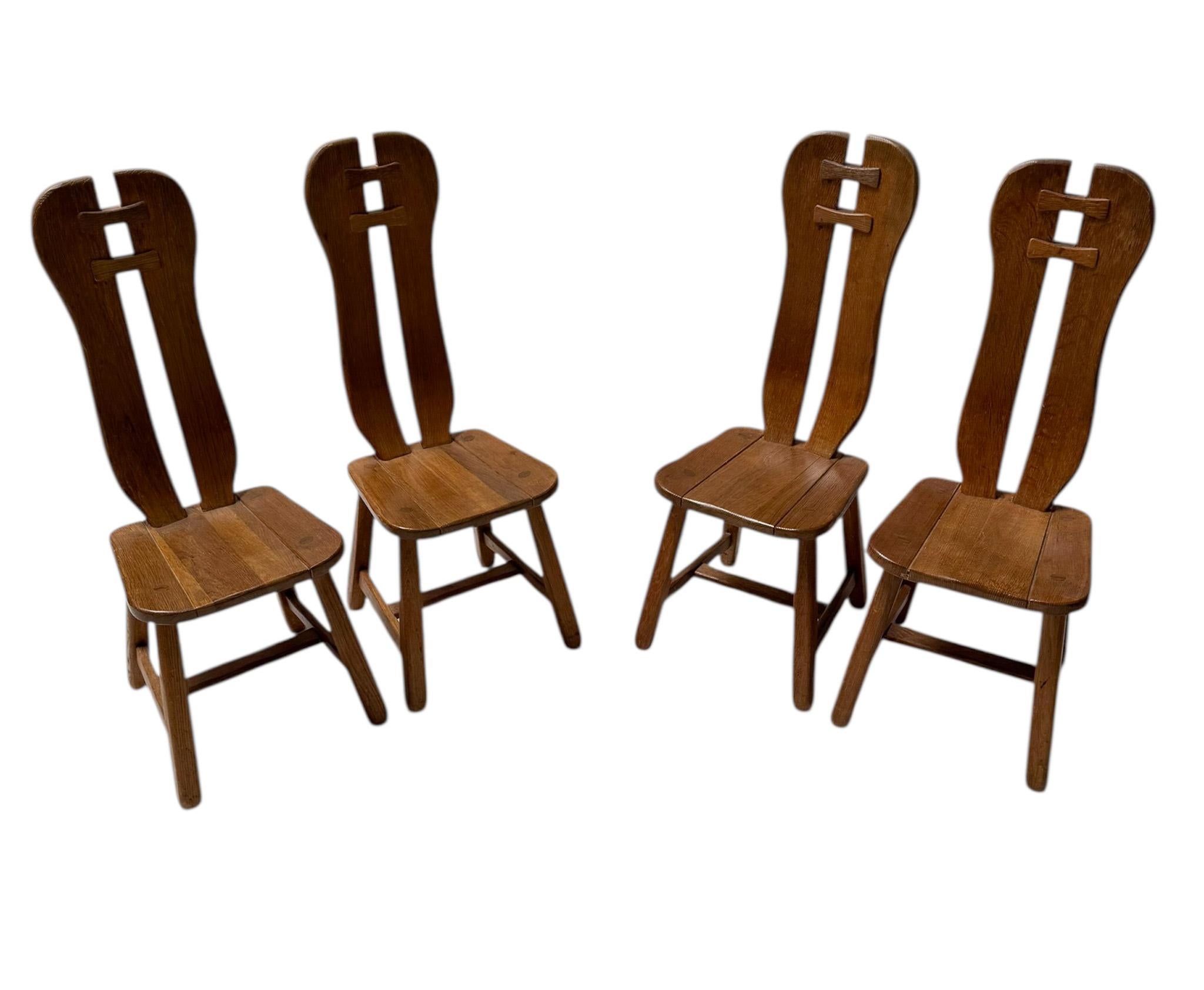 Five Oak Brutalist Dining Room Chairs by Kunstmeubelen De Puydt Belgium, 1970s For Sale 1