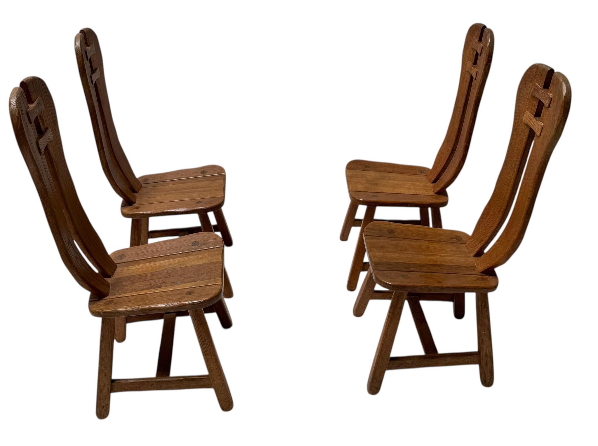 Five Oak Brutalist Dining Room Chairs by Kunstmeubelen De Puydt Belgium, 1970s For Sale 3