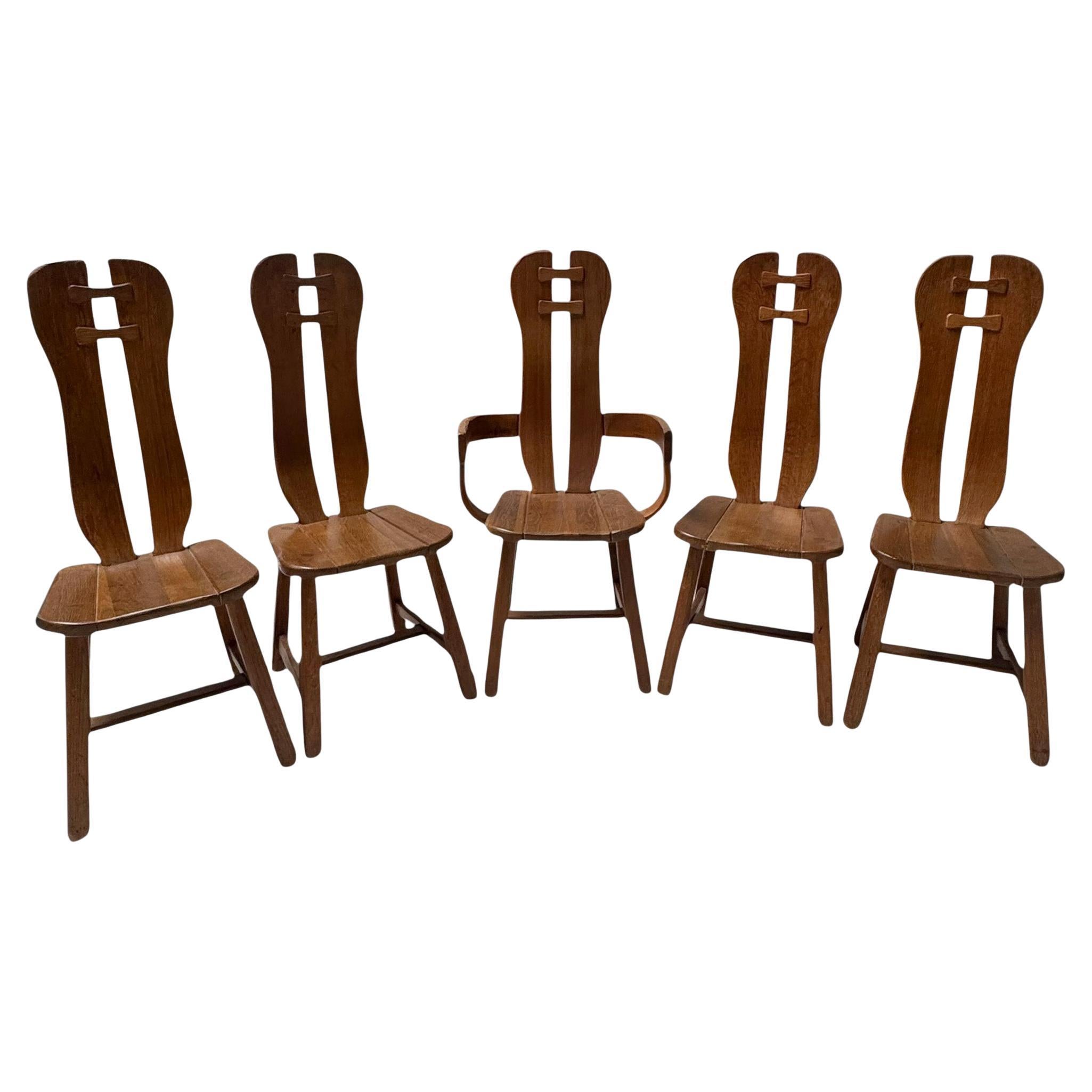 Five Oak Brutalist Dining Room Chairs by Kunstmeubelen De Puydt Belgium, 1970s For Sale