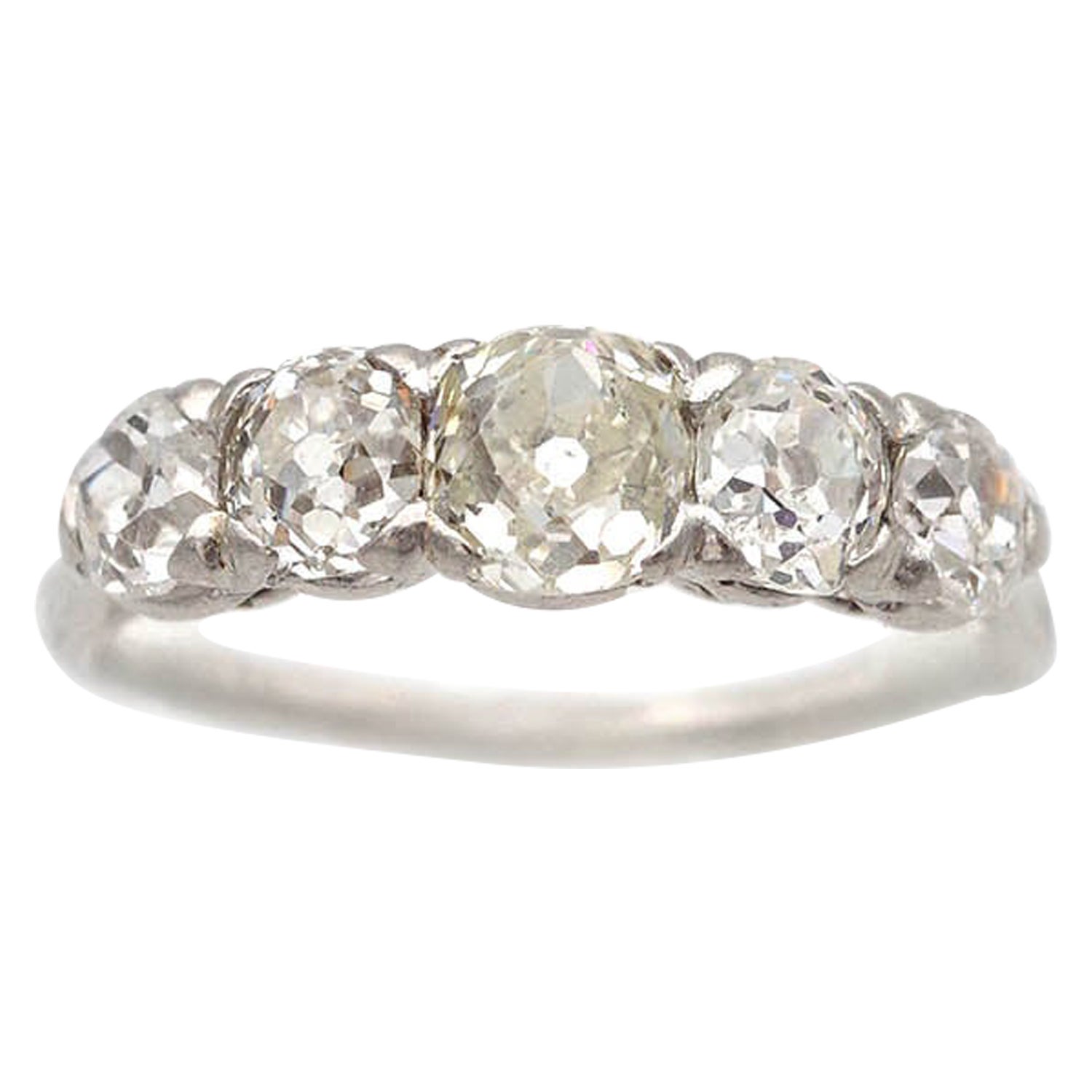 Five old-cut diamonds platinum ring, 1.42 ct, Antique band ring, wedding jewelry