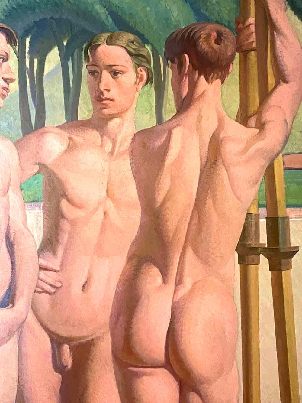 Cette grande peinture, l'une des représentations les plus étonnantes et les plus monumentales de figures masculines nues - et d'athlètes masculins - jamais réalisées à l'ère moderne, montre cinq rameurs nus, détendus et en pleine conversation, qui