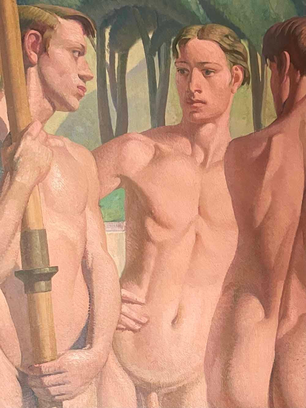 Britannique « Five Olympic Rowers », peinture monumentale des années 1930 représentant des oiseaux masculins nus en vente