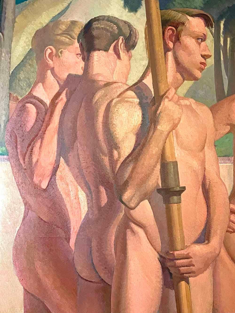 Art déco « Five Olympic Rowers », peinture monumentale des années 1930 représentant des oiseaux masculins nus en vente