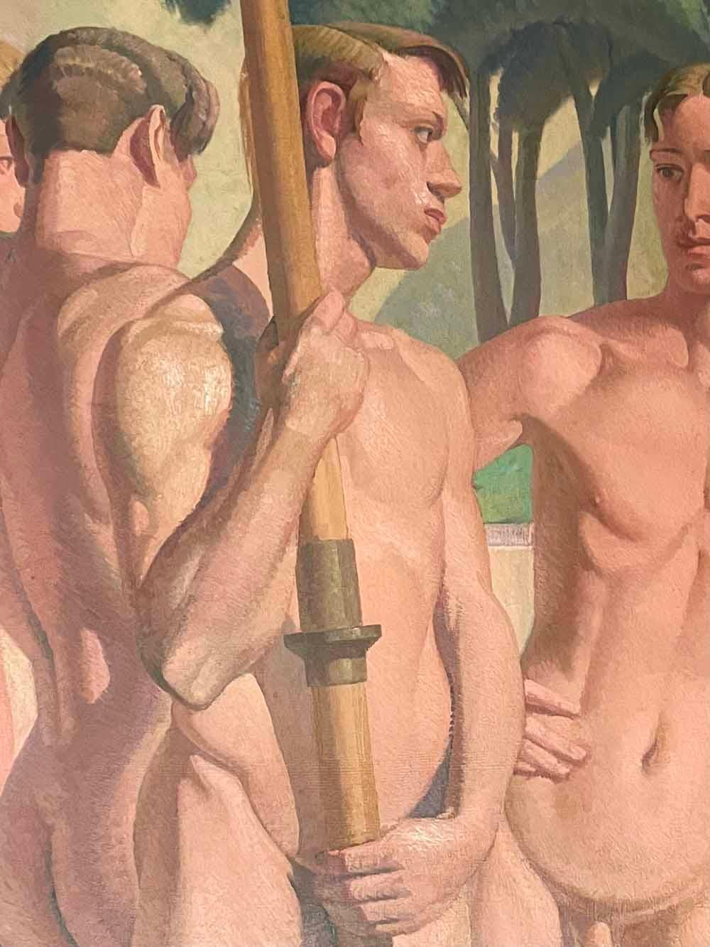 Peint « Five Olympic Rowers », peinture monumentale des années 1930 représentant des oiseaux masculins nus en vente