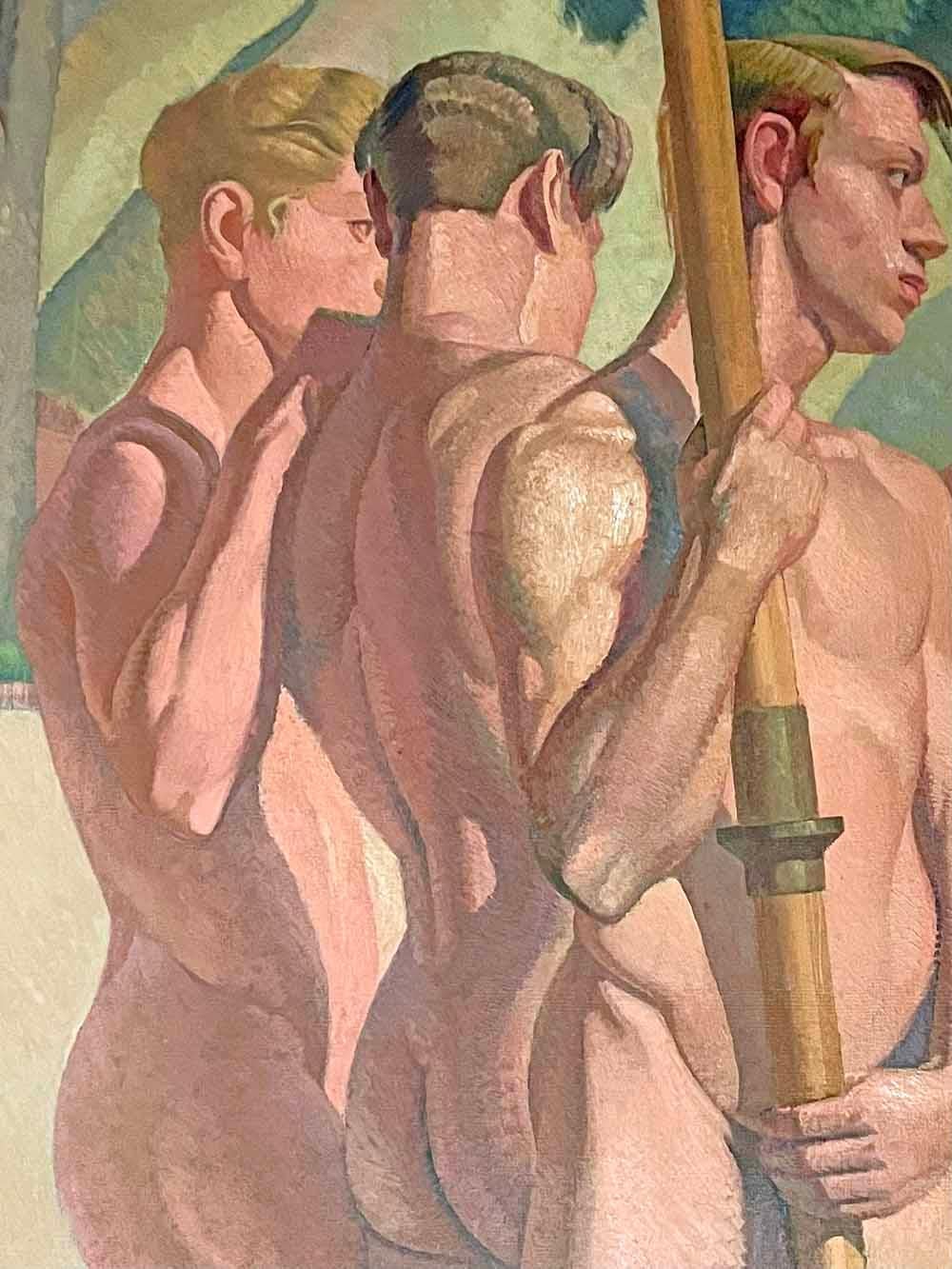 « Five Olympic Rowers », peinture monumentale des années 1930 représentant des oiseaux masculins nus Excellent état - En vente à Philadelphia, PA