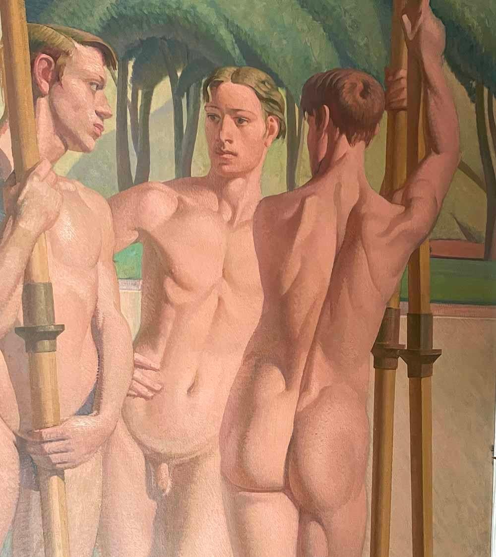 Milieu du XXe siècle « Five Olympic Rowers », peinture monumentale des années 1930 représentant des oiseaux masculins nus en vente