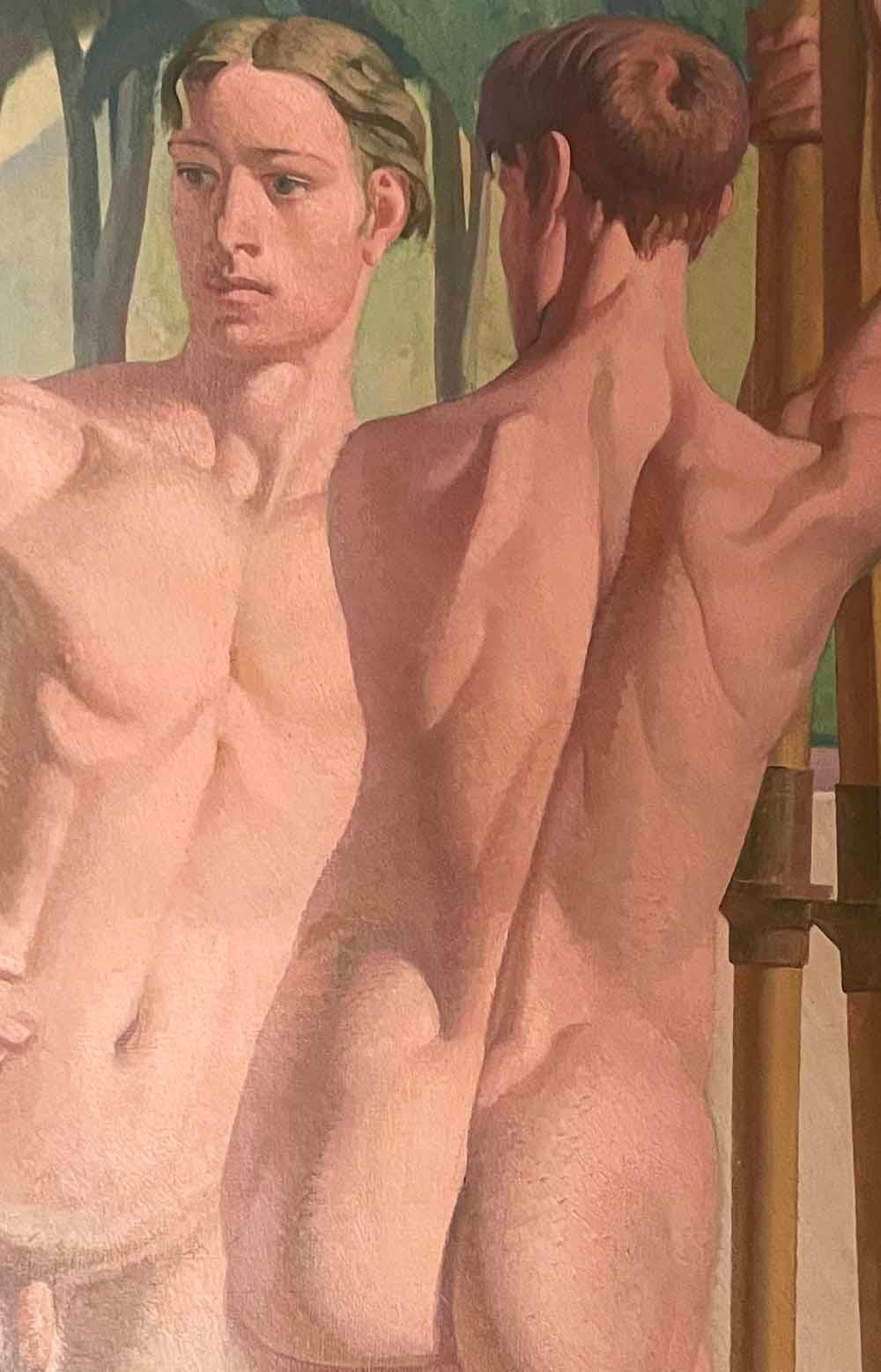 Peinture « Five Olympic Rowers », peinture monumentale des années 1930 représentant des oiseaux masculins nus en vente