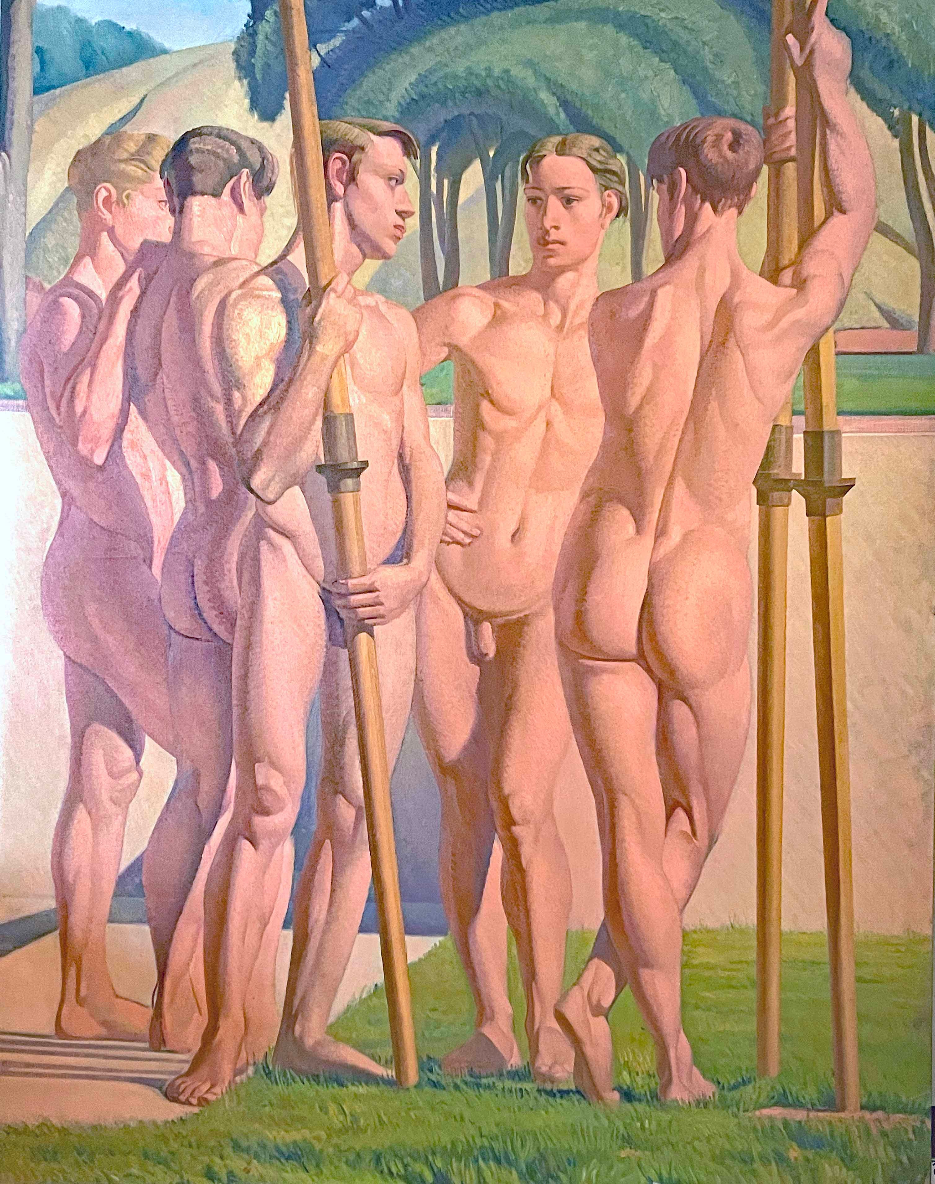 « Five Olympic Rowers », peinture monumentale des années 1930 représentant des oiseaux masculins nus en vente