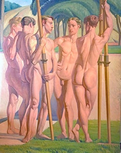 "Five Olympic Rowers", Monumental 1930s Painting of Nude Male Oarsmen
