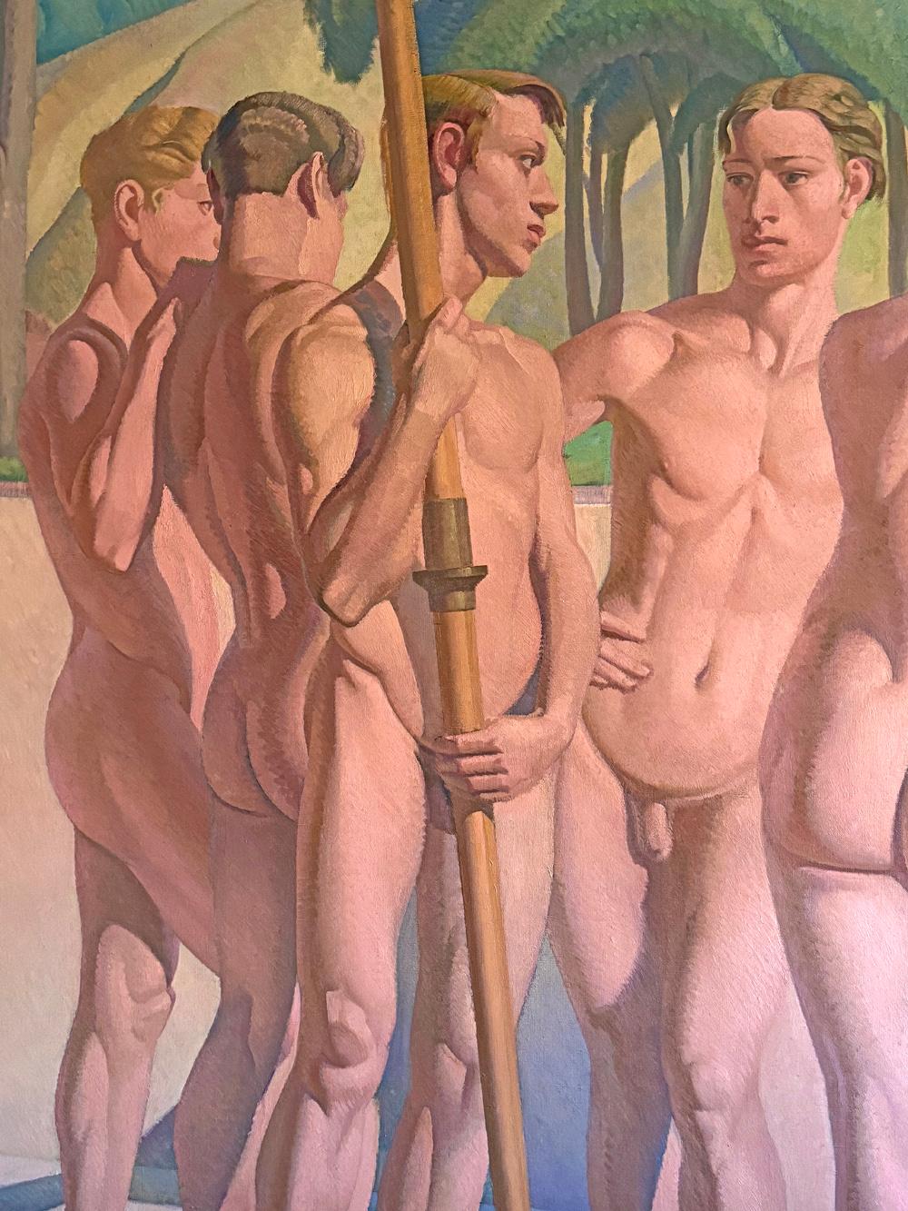 Cette grande peinture, l'une des représentations les plus étonnantes et les plus monumentales de figures masculines nues - et d'athlètes masculins - jamais réalisées à l'ère moderne, montre cinq rameurs nus, détendus et en pleine conversation, qui