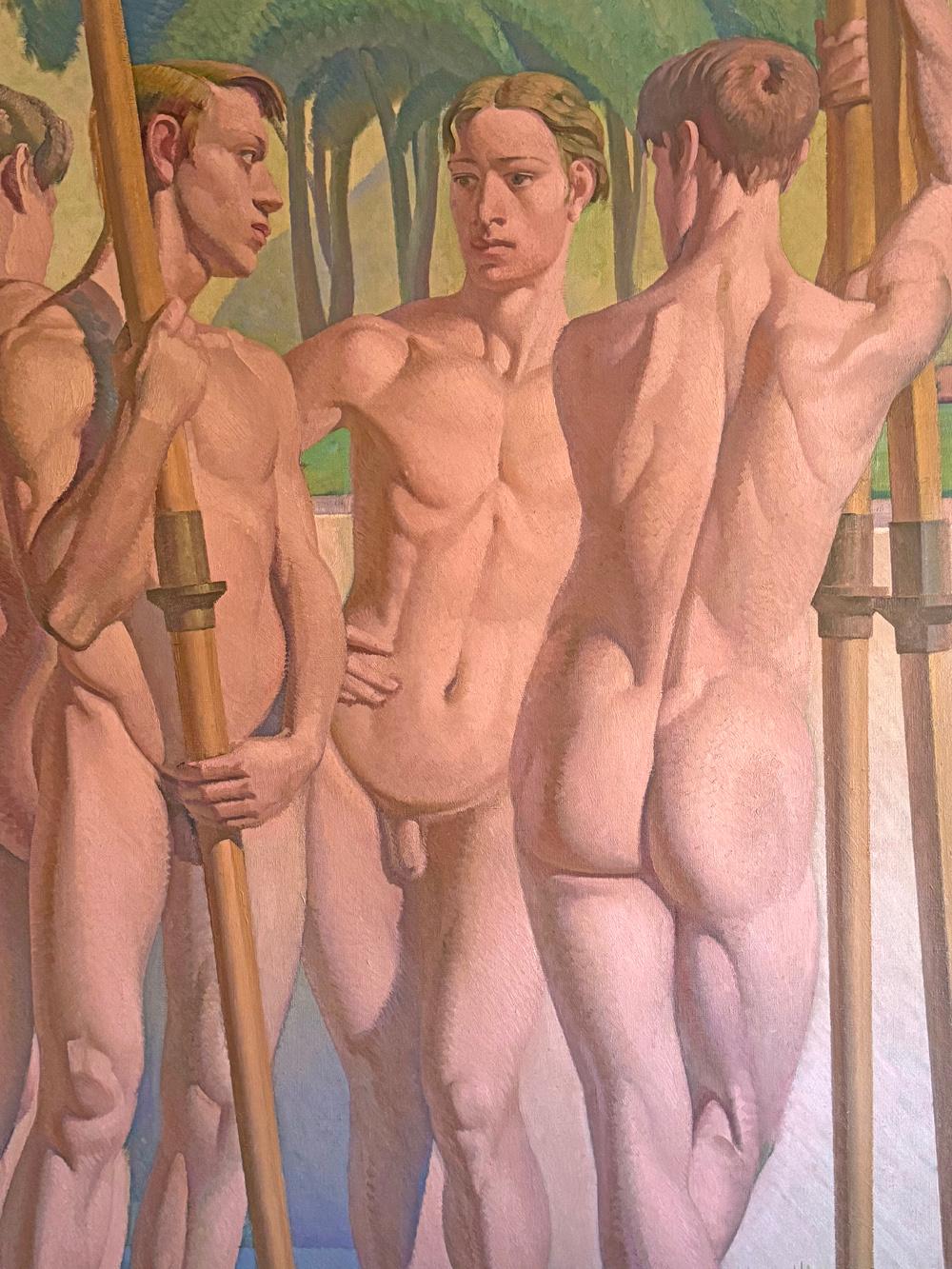Britannique « Five Olympic Rowers » (cinq rameurs olympiques), peinture Art déco monumentale d'os masculins nus en vente