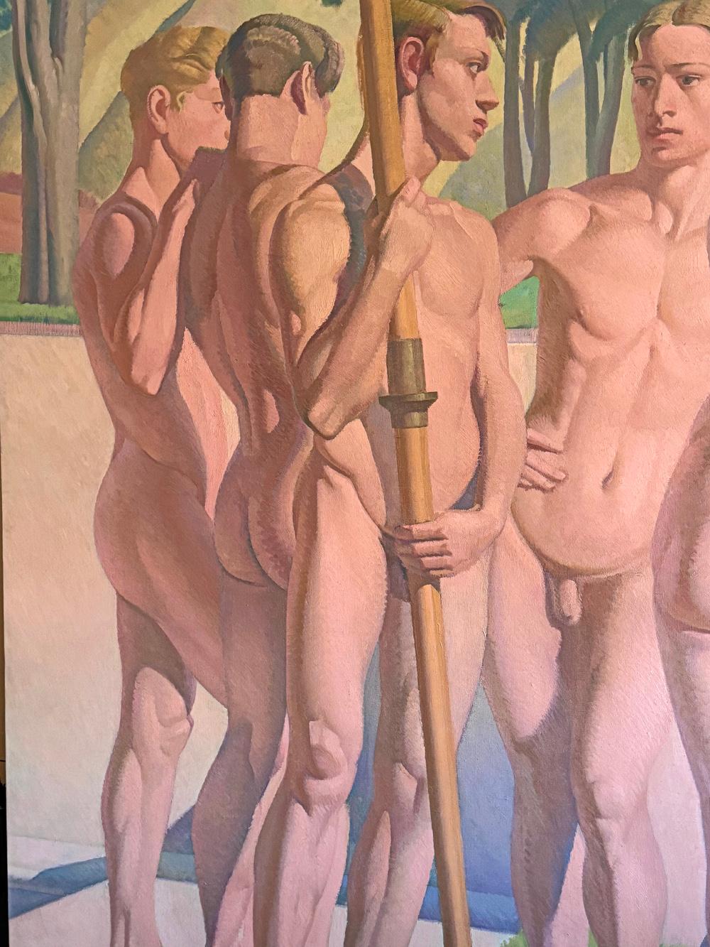« Five Olympic Rowers » (cinq rameurs olympiques), peinture Art déco monumentale d'os masculins nus Excellent état - En vente à Philadelphia, PA