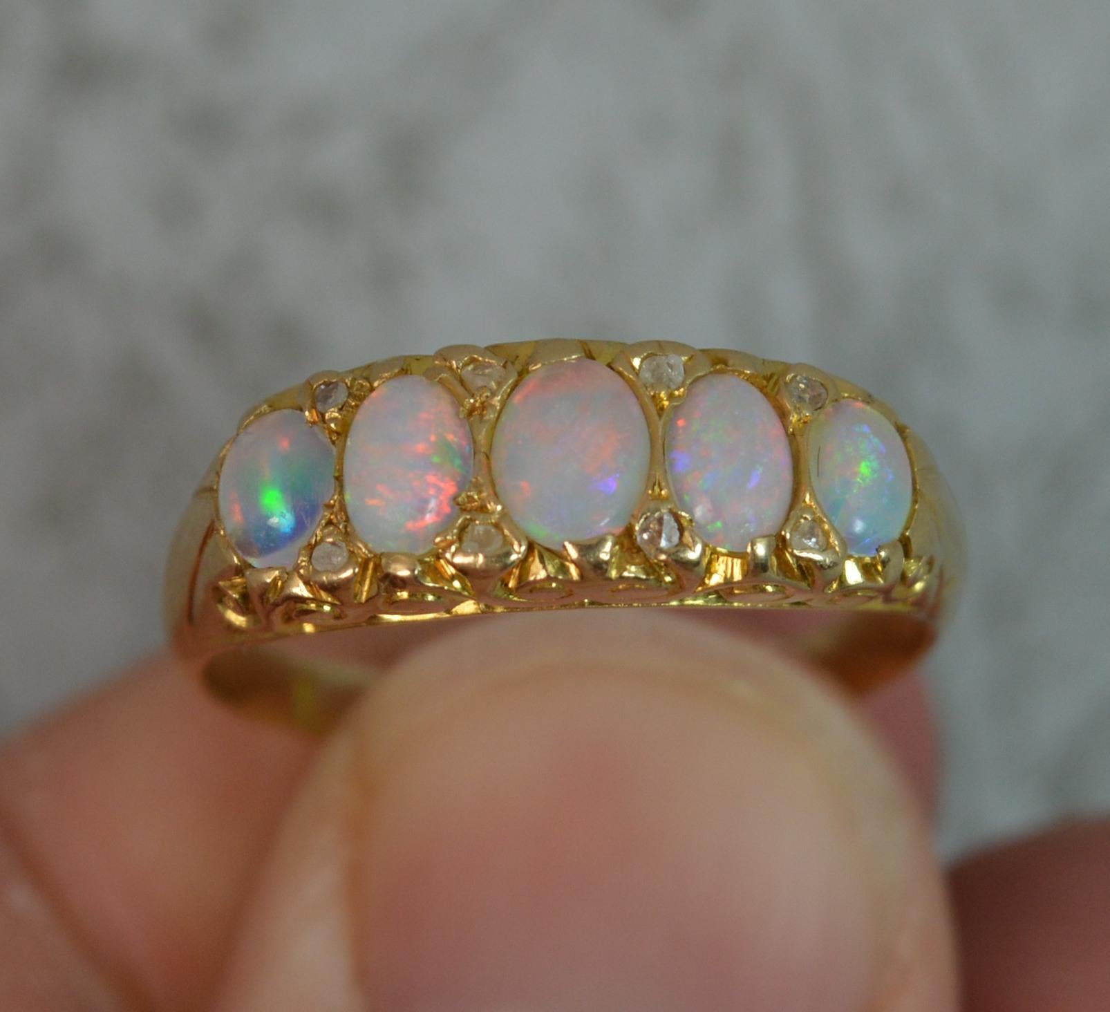 Five Opal Diamond 18 Carat Gold Cluster Stack Ring 6