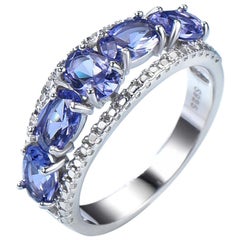 Five Oval Sapphire Blue Cubic Zirconia Sterling Silver Designer Ring