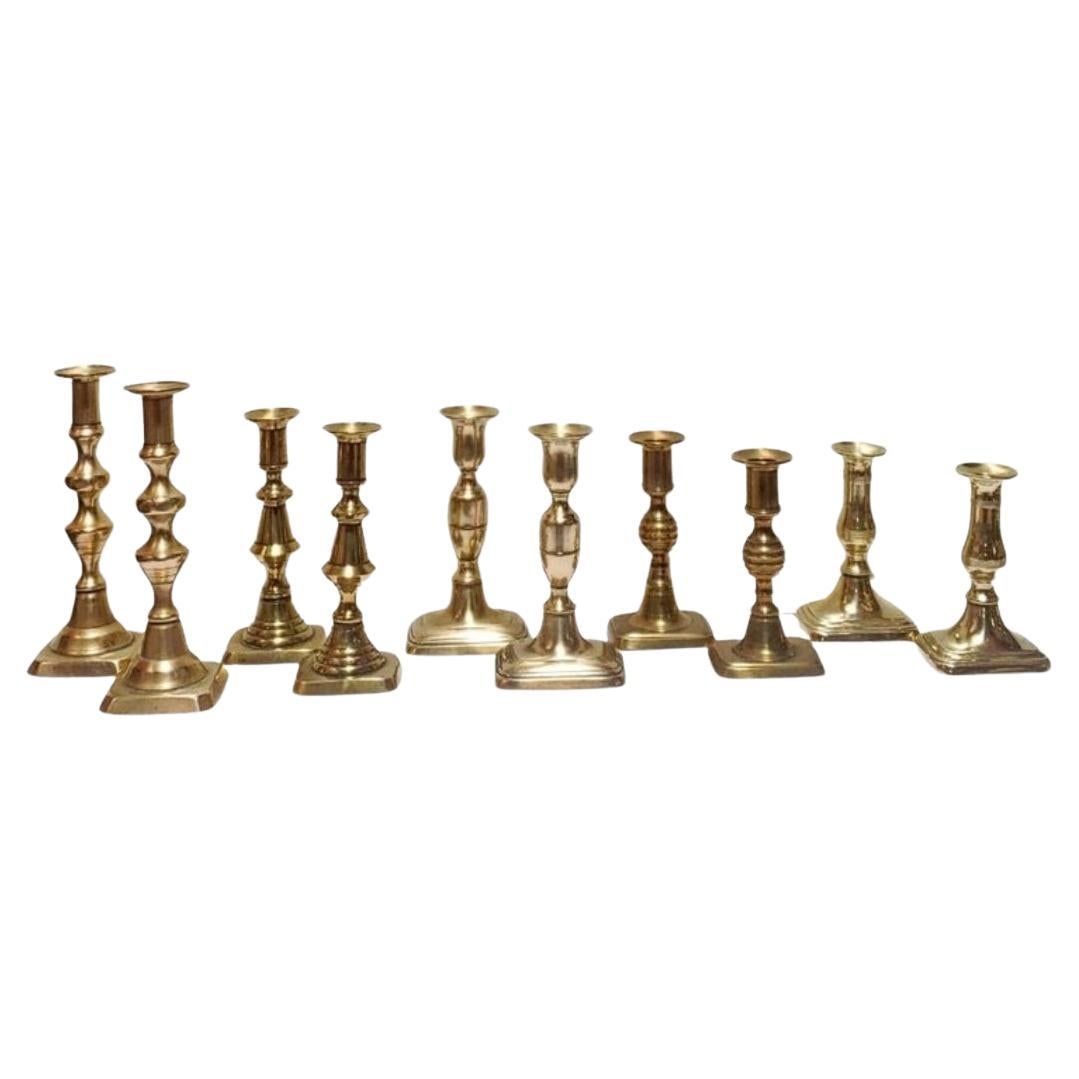 Five Pairs of 19th Century Brass Candlesticks For Sale