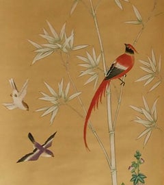 Five Panel Chinese Hand Painted Mural with Birds, Flowers and Bamboo