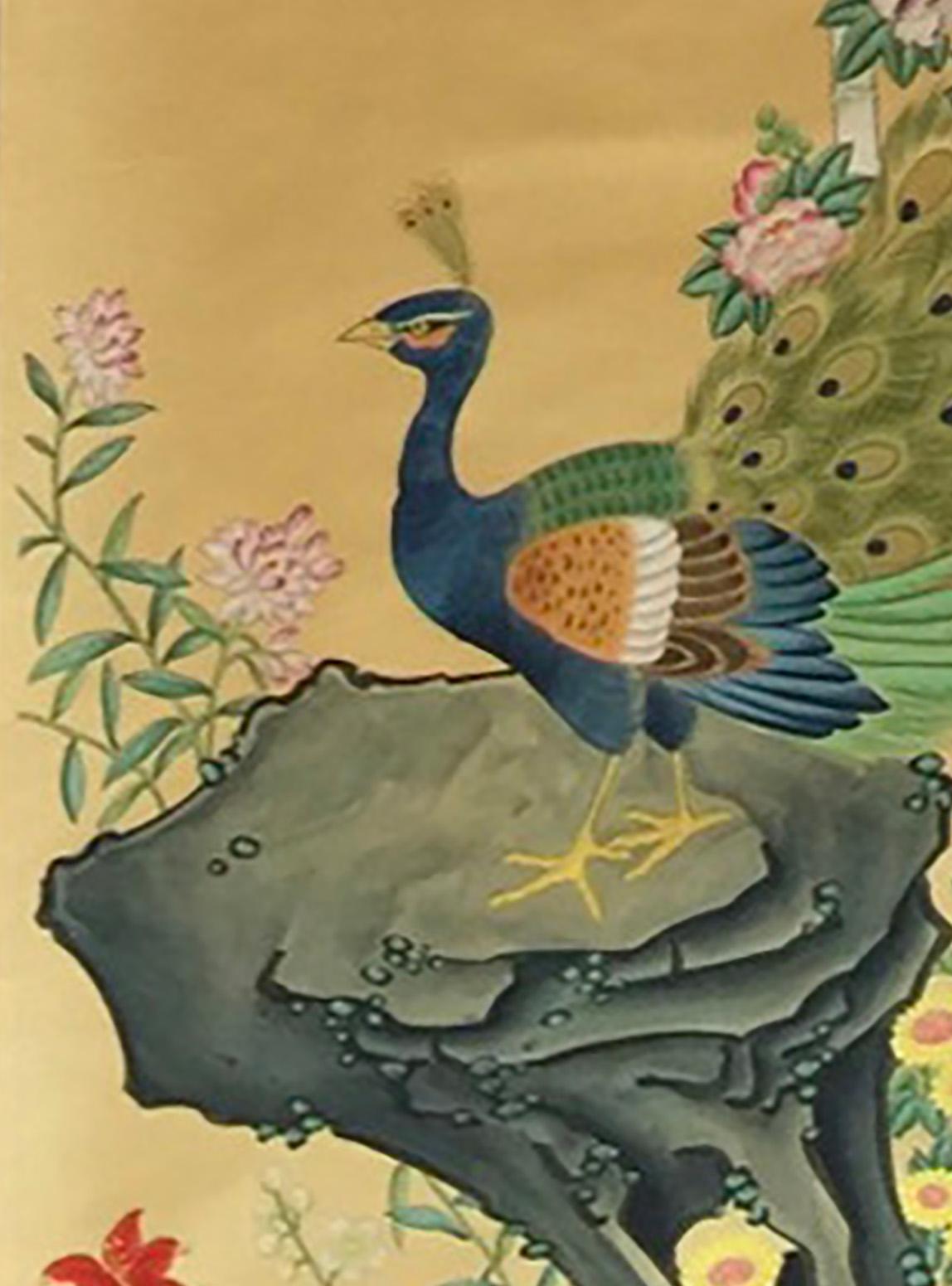 Hand-Painted Five Panel Chinese Hand Painted Mural with Birds, Flowers and Bamboo For Sale